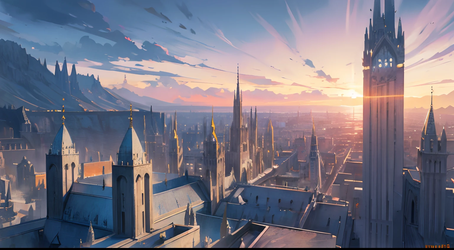 elven city, white marble, blue and gold ornaments, brutalist architecture, landscape, city, medieval, fantasy, 8k, sunset