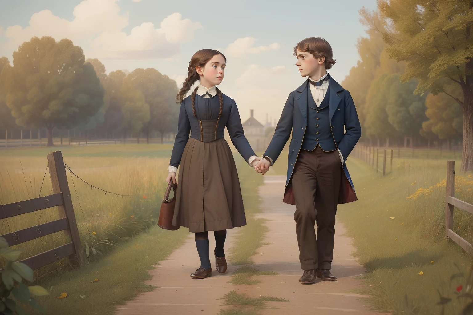 year: 1851. Location: Rock Island, Illinois. Pre-Raphaelite scene with a 8-year-old ((George MacKay)), with a tween girl, walking home, school, ((((boy Clothing from the 1850s)))) ((Hairstyle of the 1850s)), ((("OMITB" cinematography)))