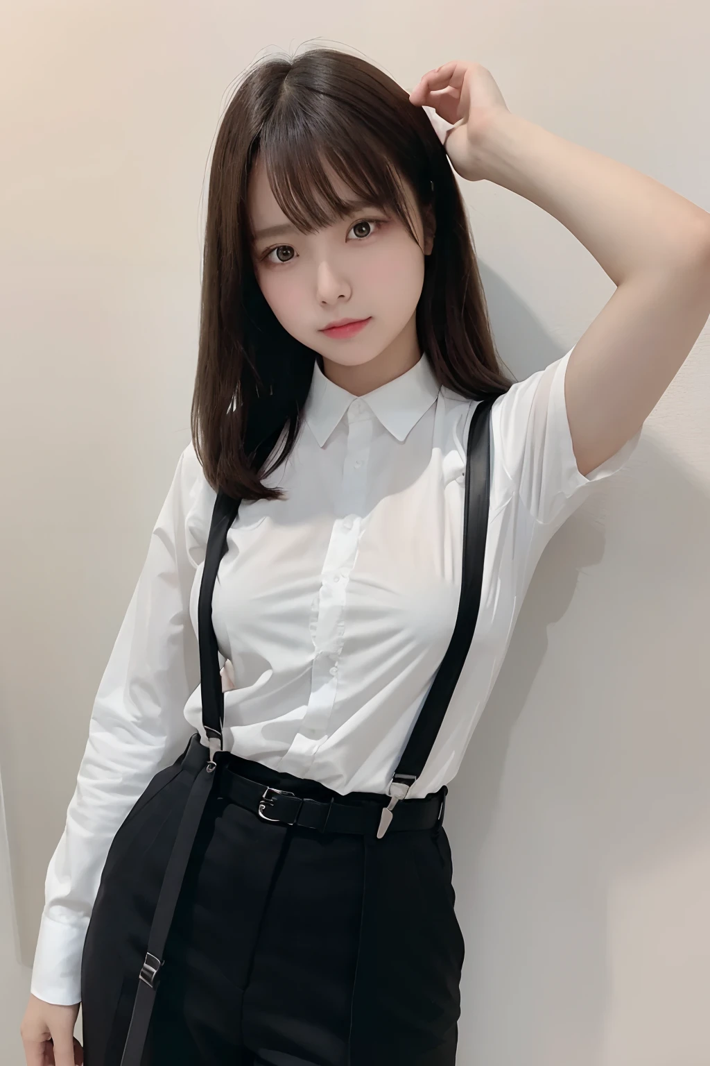 masterpiece、flat-colors、depth of fields、lens flare 1 girl、、Brown hair、watching at viewers a belt black suspenders Social OL ample bosom Armpit sweat perspiring Side of both hands walls: Black Suit Black pants, Black jacket