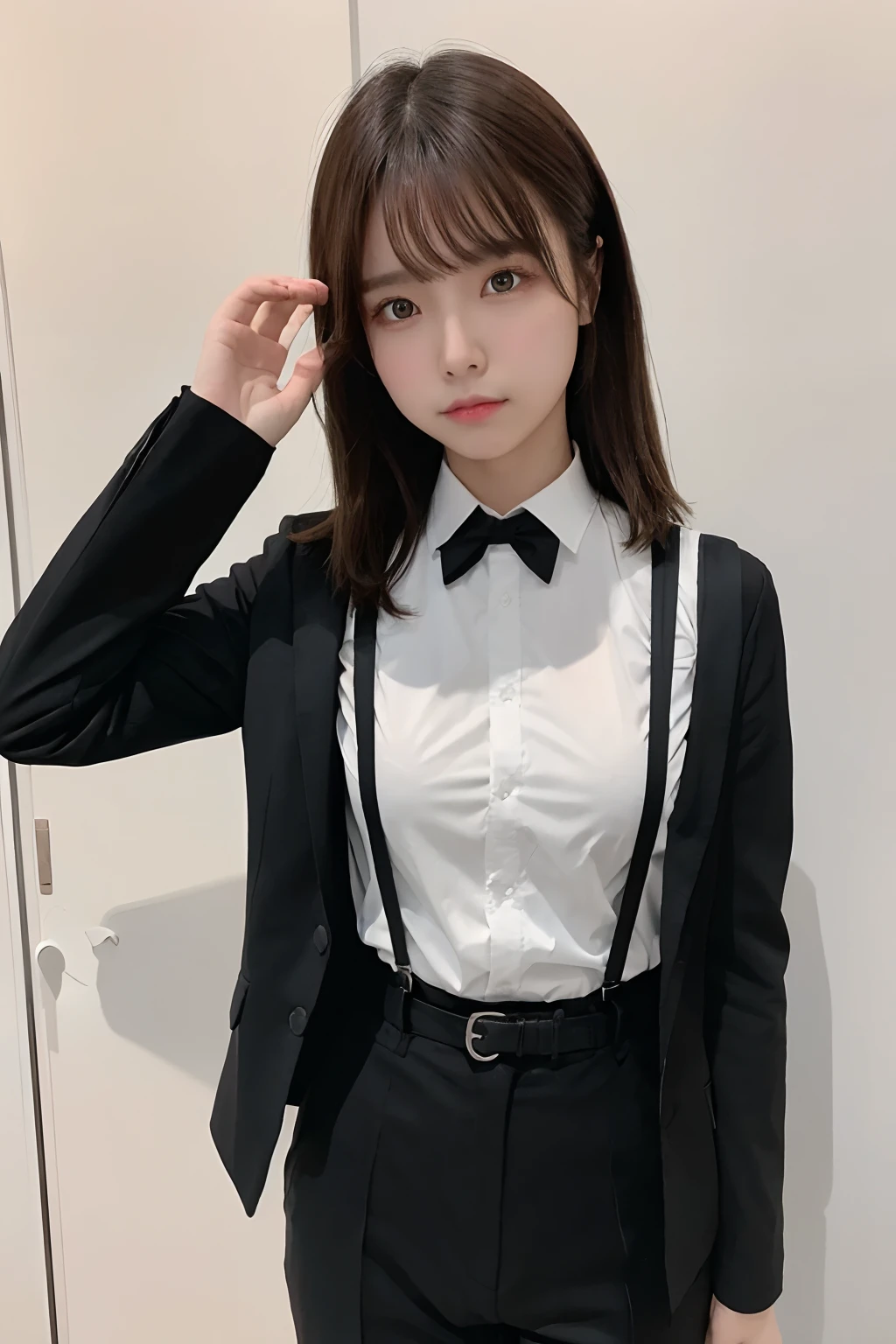 masterpiece、flat-colors、depth of fields、lens flare 1 girl、、Brown hair、watching at viewers a belt black suspenders Social OL ample bosom Armpit sweat perspiring Side of both hands walls: Black Suit Black pants, Black jacket