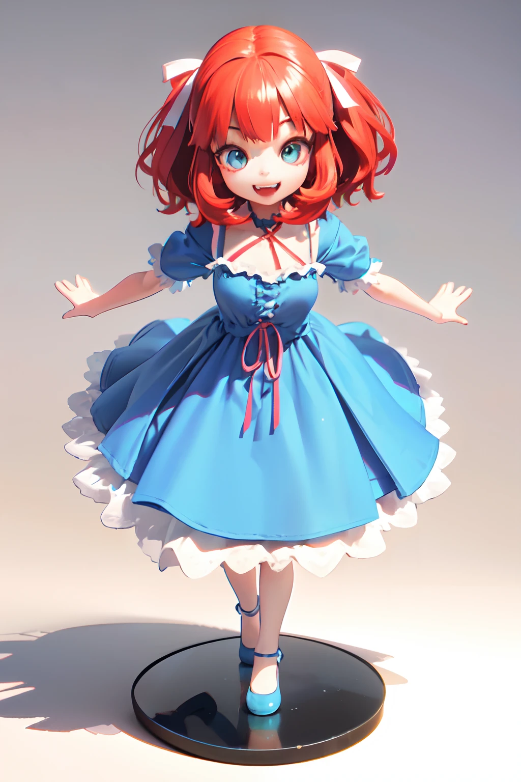 30yr old ragdoll girl, with red hair and a ribbon, blue ragdoll dress, bottons eyes, poser, 3d animated, 3 d animated, toonix character, cartoonish cute, 3d character, 3 d character, medieval, highly rendered!!,