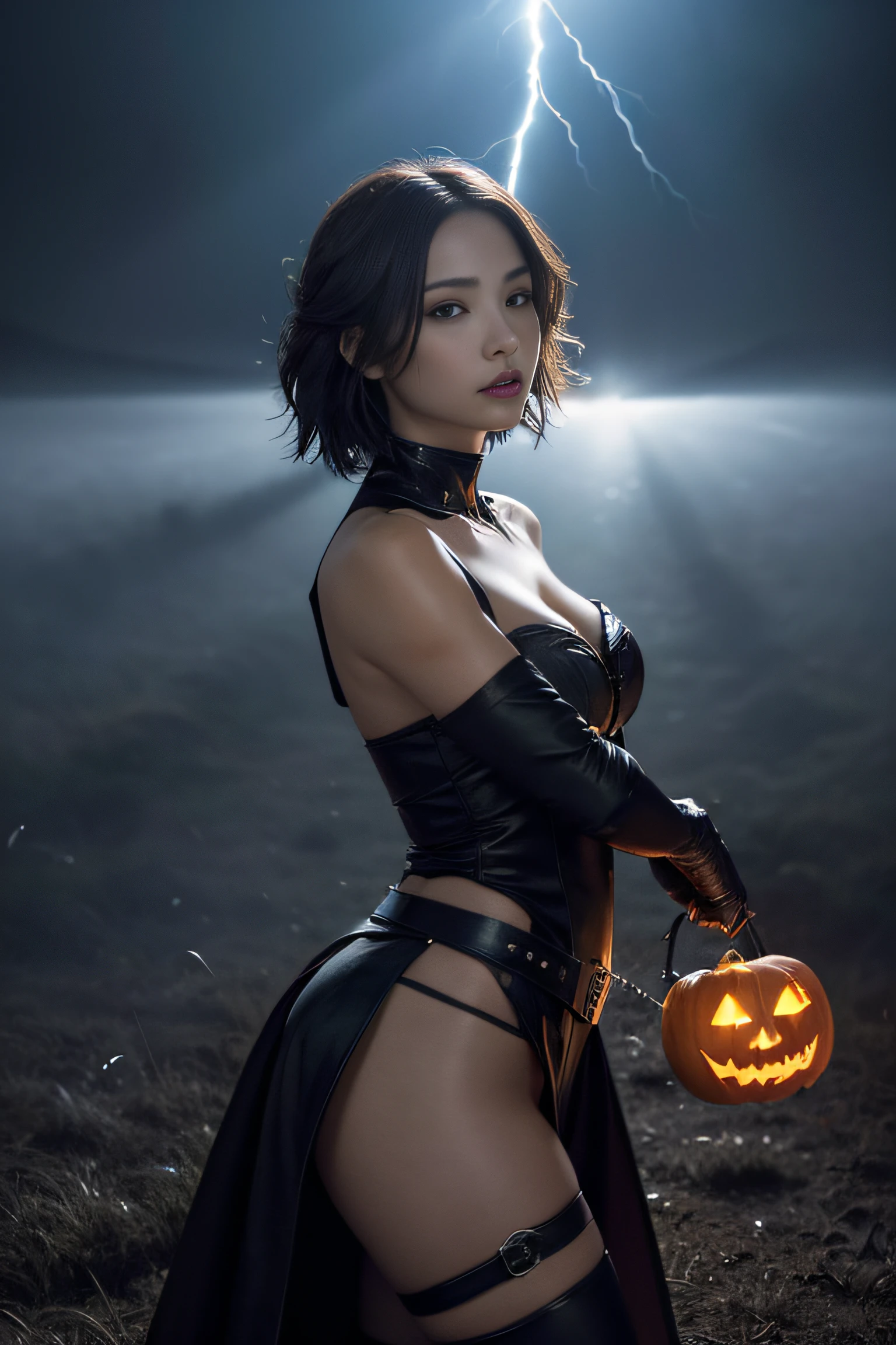 (masterpiece:1.2), ultra detailed, ultra high res, (realistic, photo realistic:1.37), high detail RAW color photo, professional photograph, an extremely delicate and beautiful, extremely detailed, 8k wallpaper, Amazing, finely detail, huge file size, extremely detailed beautiful girl, extremely detailed face, extremely detailed eyes, extremely detailed skin, extremely detailed fingers, highly detailed nose, highly detail mouth, Perfect Anatomy, Highly detailed background, (a famous actress of Japan:1.2), (gals:1.3), (flat chest), (Very short hair:1.2), Dynamic lighting, (Any pose:1.5), (witch costume, Dark fantasy concept art, Moonlight Beam, A Gothic Church, Volumetric fog, god rays, Lightning:1.5), (Jack-o'-lantern:1.6), (steampunk),