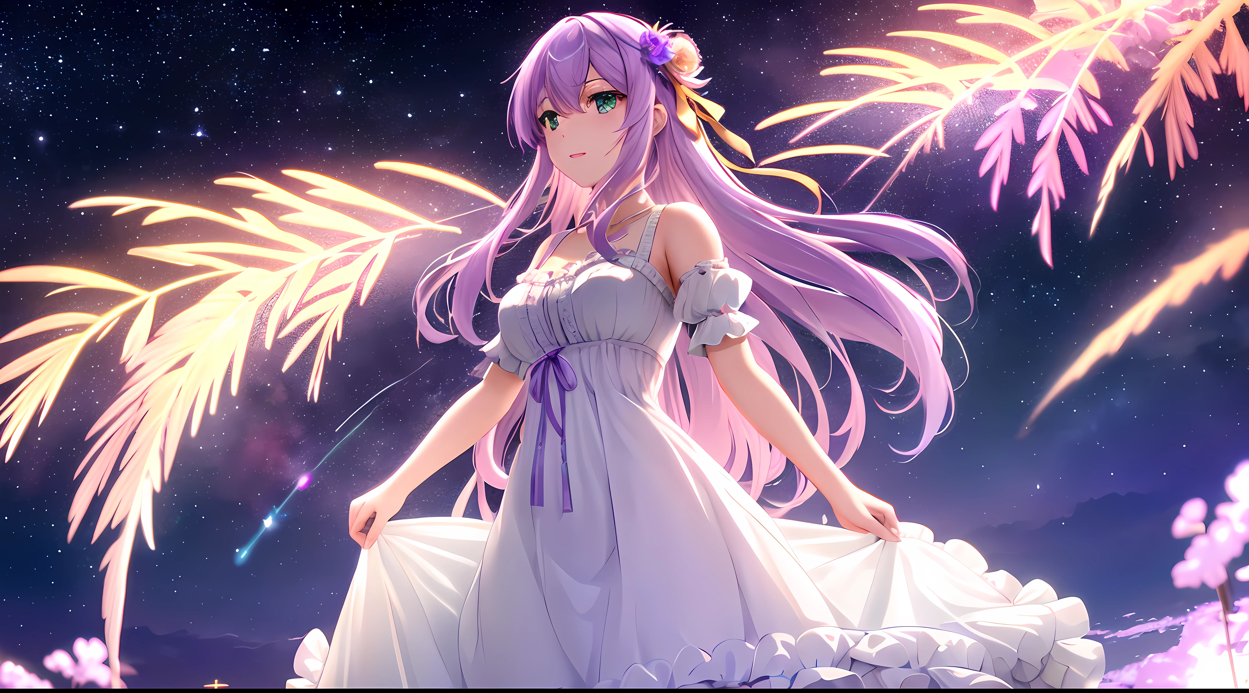 Athena with plain long light purple hair,hair between eyes,green eyes,rosy cheeks,full lips,thin eyebrows,slender body,wearing frills ribbons lace dress and full long skirt,cute anime girl,full body,desert night sky nebulae and stars in background,anime style,Lumen Reflections,Screen Space Reflections,Diffraction Grading,Chromatic Aberration,GB Displacement,Scan Lines,Ray Traced,Anti-Aliasing,FXAA,TXAA,RTX,SSAO,Shaders,OpenGL-Shaders, GLSL-Shaders,Post Processing,Post-Production,cell Shading,Tone Mapping,CGI,VFX,SFX,insanely detailed and intricate, 4K,standing, solo, masterpiece, best quality, detailed face, detailed eyes, highres, standing, solo,masterpiece, best quality