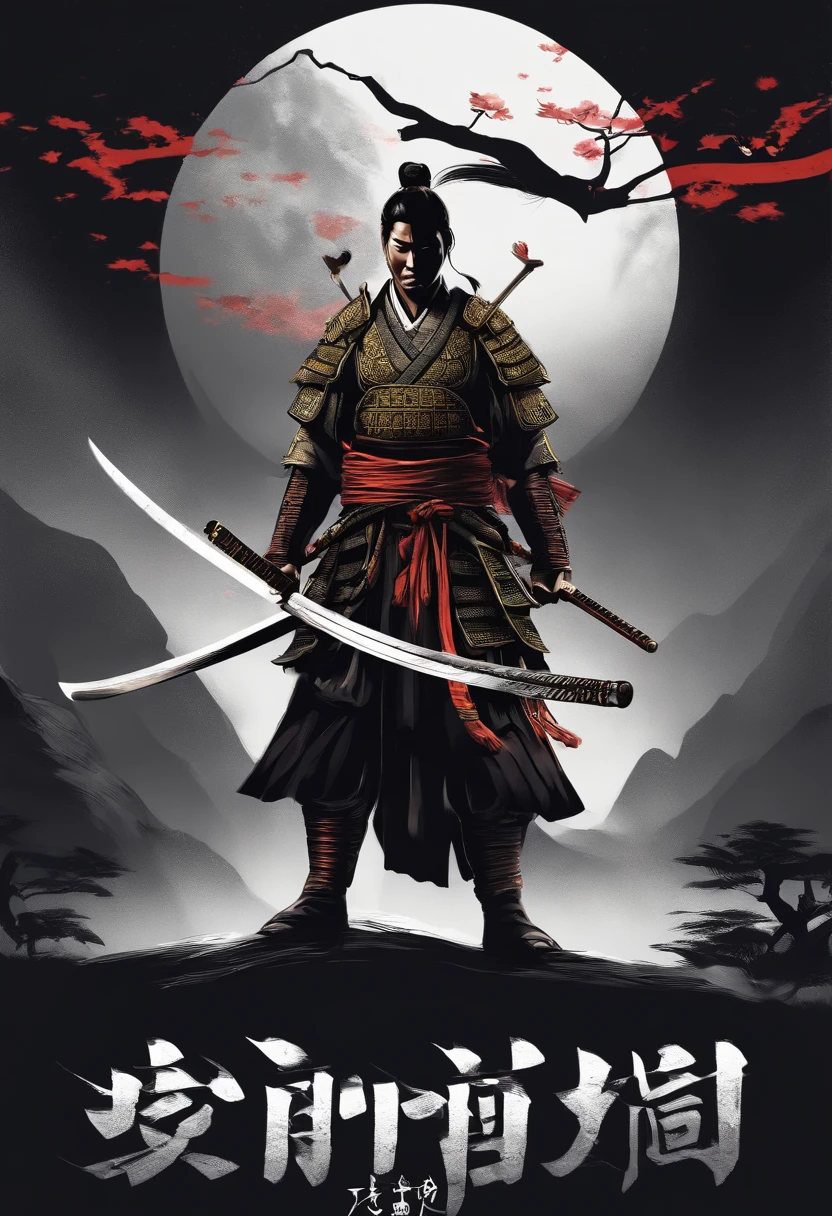 Samurai with a full-body HD sword ,T-Shirt Design Art PNG Center , The perfect Droka rel appel
, Captivating illustrations ,,Black background ,Art Center PNG, No text ,Perfect proportions, harmony colors