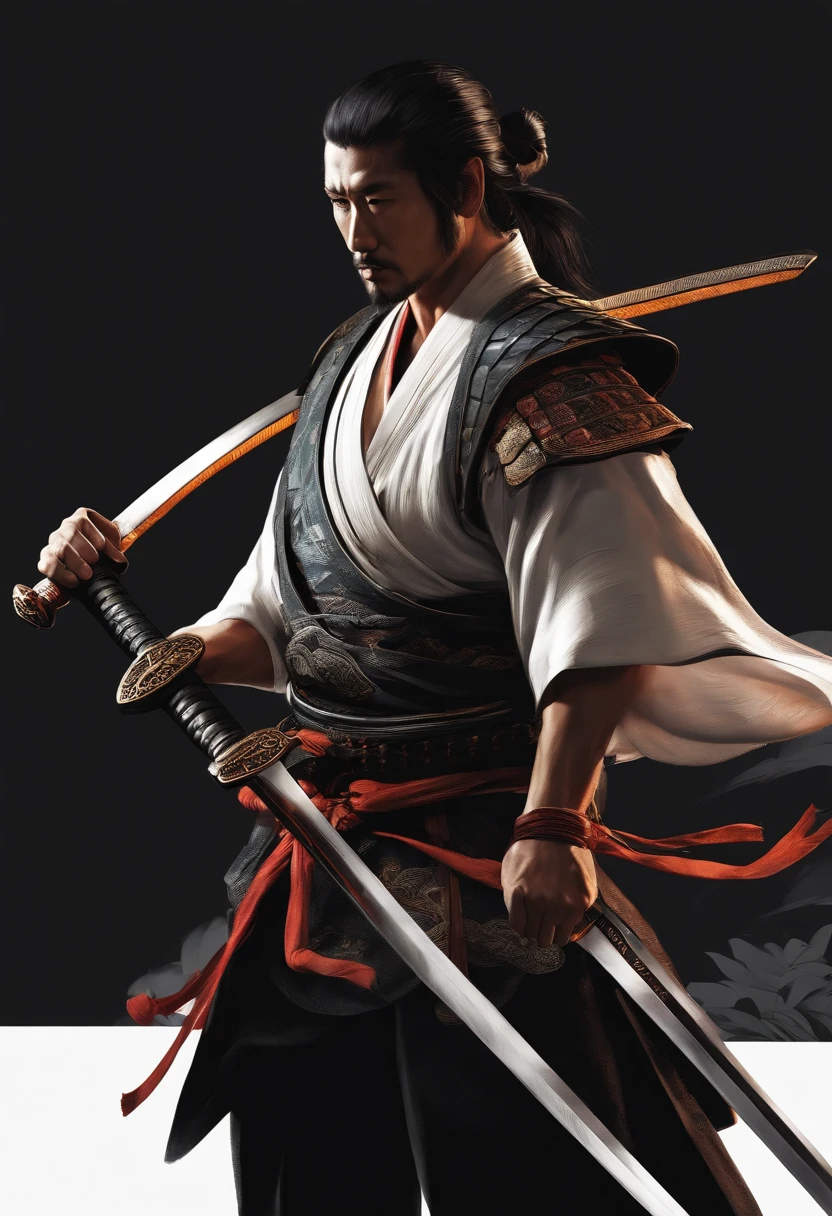 Samurai with a full-body HD sword ,T-Shirt Design Art PNG Center , The perfect Droka rel appel
, Captivating illustrations ,,Black background ,Art Center PNG, No text ,Perfect proportions, harmony colors