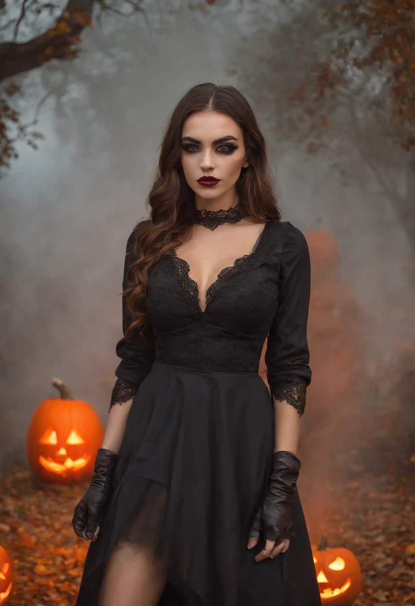 1 mulher solo, blusa curta rasgada, Pumpkin head, caida no ombro e mini saia, meias longas rasgadas, botas de cano longo, peitos grandes, quadril largo, Estilo Halloween, pumpkin head, dia das bruxas, Noite de Halloween, Orange smoke, maquiagem halloween, lo gothic, sexy, Standing posing for the camera, Orange and black smoke in the background of the image, luvas prestas, rua escura, rosto ultra realista e detalhado, olhos brilhantes bem detalhado, riqueza de detalhes, fotografia realista, fantasia halloween, graveyard, tombs, Fantasmas.