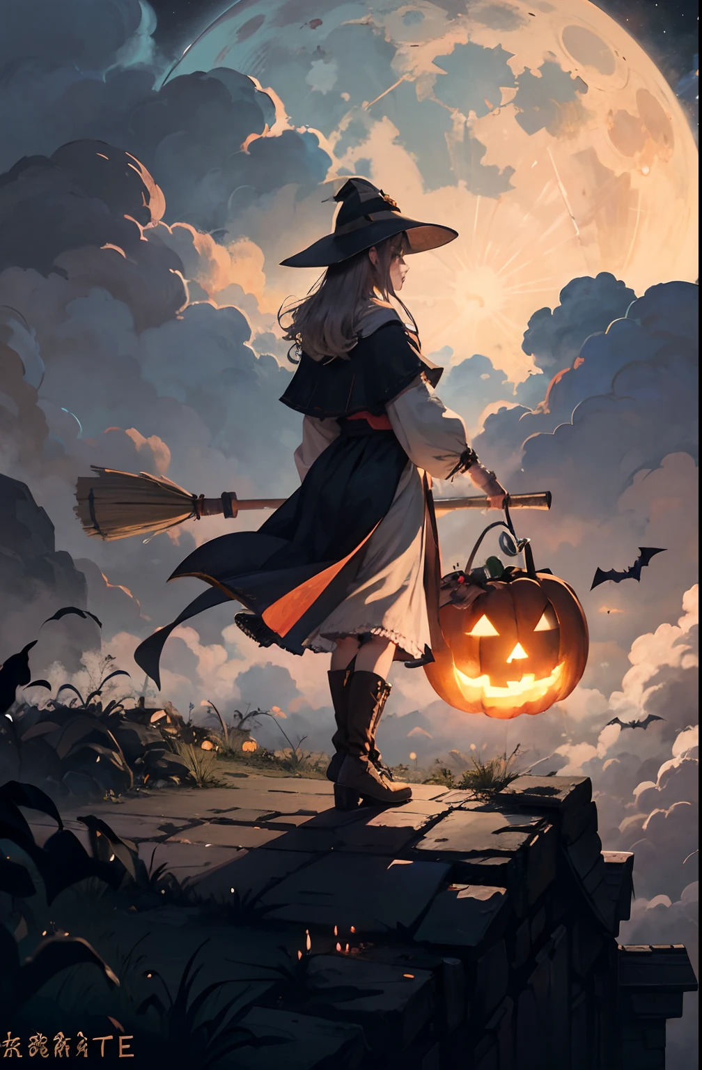 tmasterpiece,best qualtiy,ultra - detailed,illustratio,Halloween,1girll,独奏,fanciful,flight,broom,nigh sky,exteriors,Jack-o'-lantern,Confectionery,magia,incantation,themoon,As estrelas,clouds,ventania,the hair,cloaks,bucket-hat,Boots,broom,Glow,mistic,carismatic,fanciful,Naughty,adventuring,liberta,miracle,imagination,Resolution,skills,velocity,sport,energy,hentail realism,Naturalistic,concrete,Deleite para la vista,Fantasy culture,mito、fairytale-like、Folklore、legends、sorceress woman、the witcher、the bats、Fantastic creatures、fansty world、composition、proportionate、foreground、Middle ground、Background with、angle of view、llight rays、colours、Textured、the detail、Deleite para la vista、spectacle