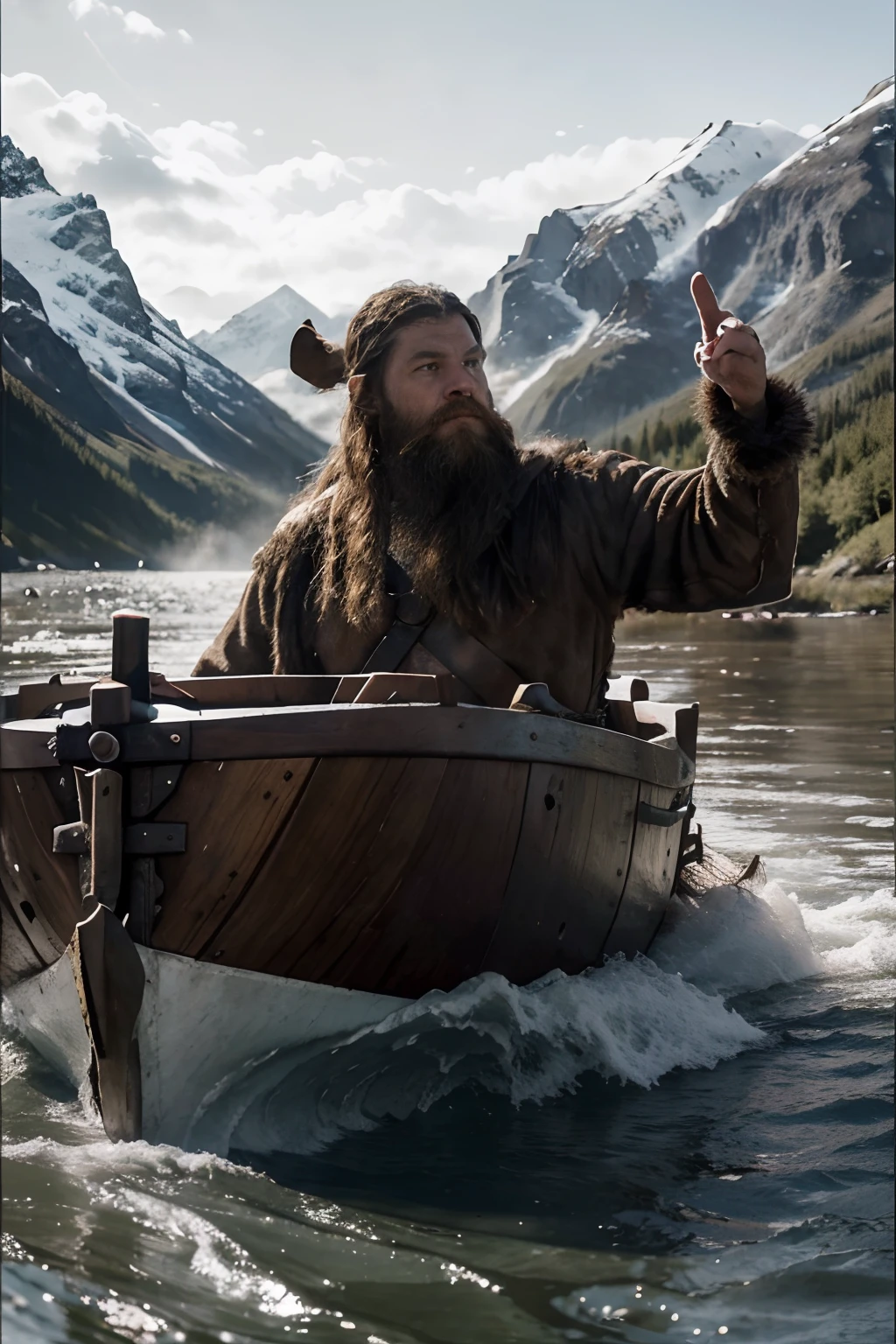 Un viking en train d'explorer : depicts a Viking sailing on a Viking ship through rushing waters. Show him off with a long beard and fur clothes, scanning the horizon with curiosity. Adds elements such as mountains, des arbres et des animaux marins pour donner une sensation d'aventure.