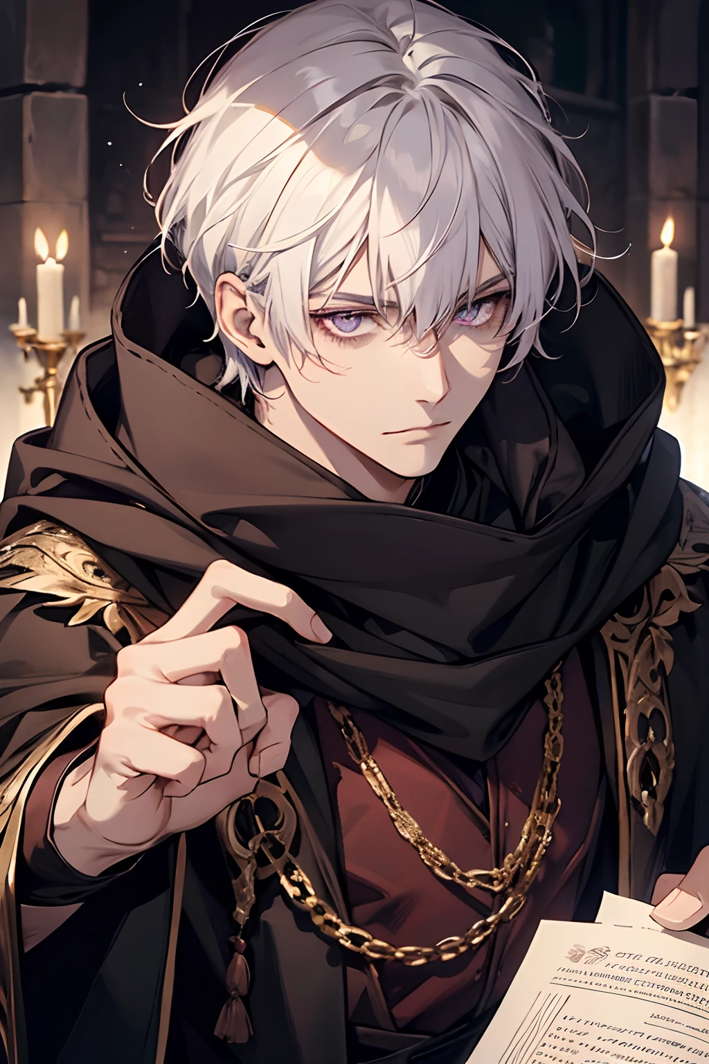 1male, calm, mature face, age 35 face, short messy with bangs, white hair, amethyst colored eyes, medieval times, royalty, prince, dressed in black, in a castle, condescending, hooded cloak, close up