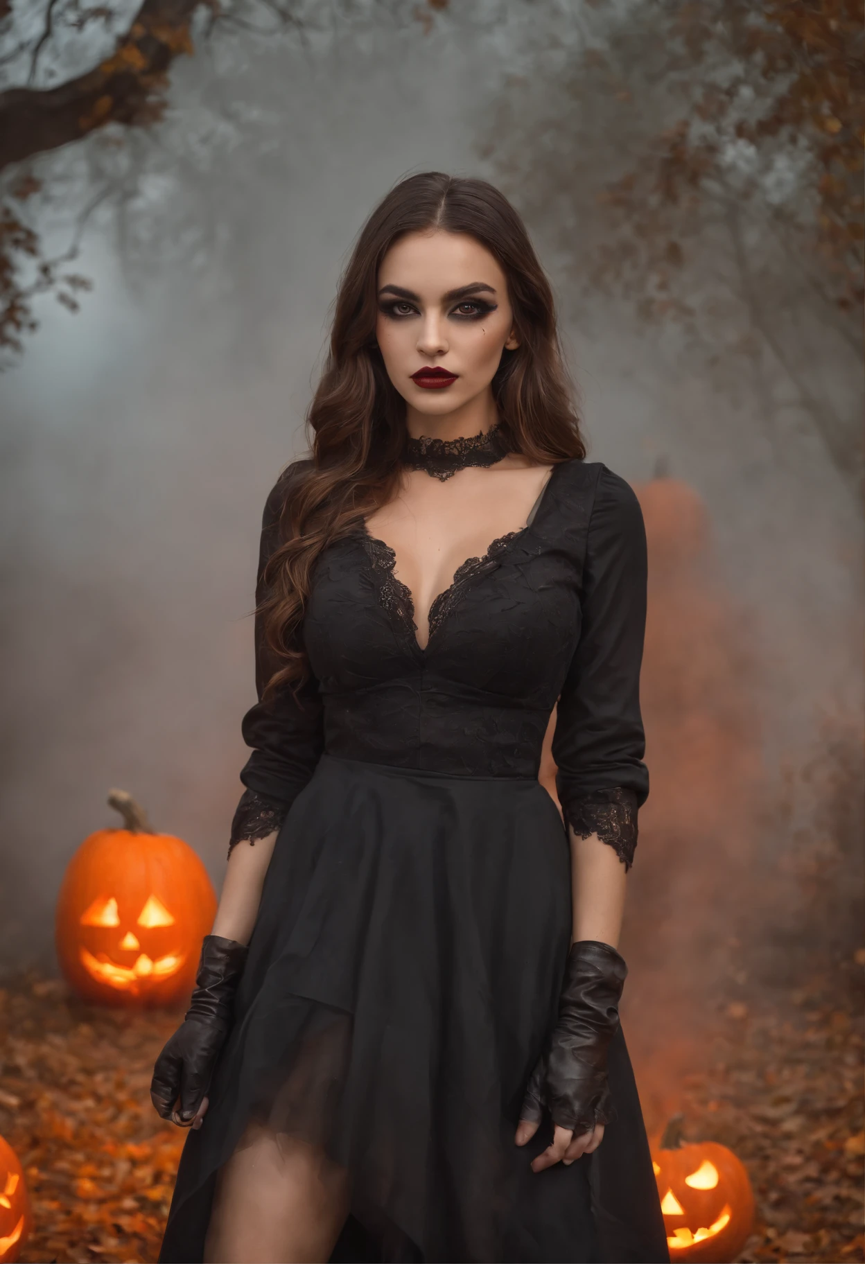 1 mulher solo, blusa curta rasgada, Pumpkin head, caida no ombro e mini saia, meias longas rasgadas, botas de cano longo, peitos grandes, quadril largo, Estilo Halloween, pumpkin head, dia das bruxas, Noite de Halloween, Orange smoke, maquiagem halloween, lo gothic, sexy, Standing posing for the camera, Orange and black smoke in the background of the image, luvas prestas, rua escura, rosto ultra realista e detalhado, olhos brilhantes bem detalhado, riqueza de detalhes, fotografia realista, fantasia halloween, graveyard, tombs, Fantasmas.