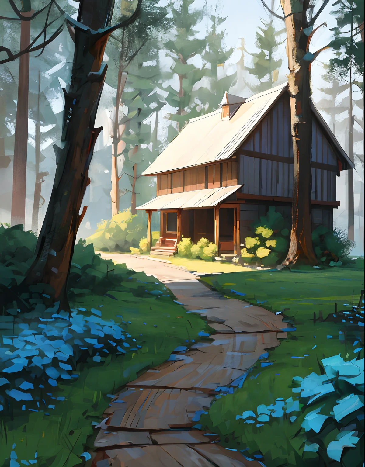 painting of a house in the woods with a pathway leading to it, andreas rocha style, anime background art, painted in anime painter studio, beautiful house on a forest path, detailed painting 4 k, inspired by Andreas Rocha, by Yang J, beautiful digital painting, beautiful art uhd 4 k, cottage in the forest, detailed digital painting, idyllic cottage