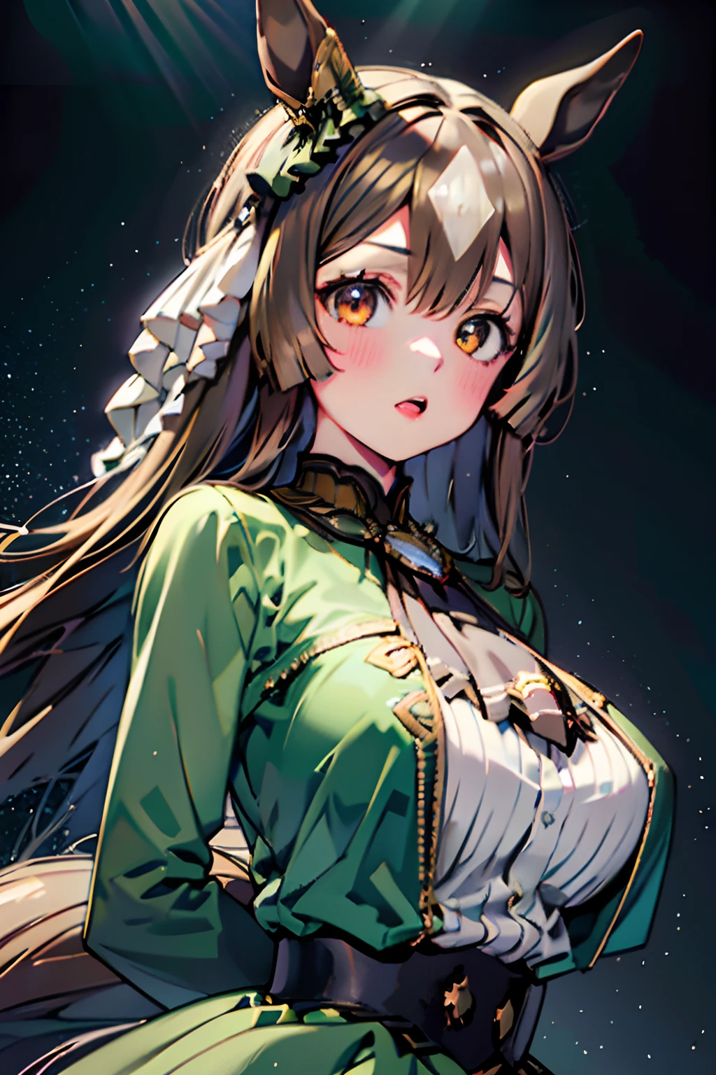 Official art, Unity 8k Wallpapers, ultra-detailliert, Beautifully Aesthetic, masterpiece, top-quality, realisitic, a closeup, Skindentation, interface, A detailed eye, A detailed face, detailed hairs, black backgrounds, straight-on, looking at the viewers, The sheen, Anime, highly detailed with reflections transparent iridescent opaque jacket, Long transparent iridescent RGB hair, 1girl in, Solo, fronds, Long hair, Blurry, Shirt, Parted lips, Outdoors, Floating hair, Long sleeves, White shirt, Bangs, Upper body, Open mouth, tusk, Brown eyes, Wind, Winters,Yuki,snowscape,Blurry background, day, depth of fields, bug,Uma Musume,satono diamond,In the scent of the flower garden,Sparkling eyes,Eyes like a galaxy,Colossal tits,