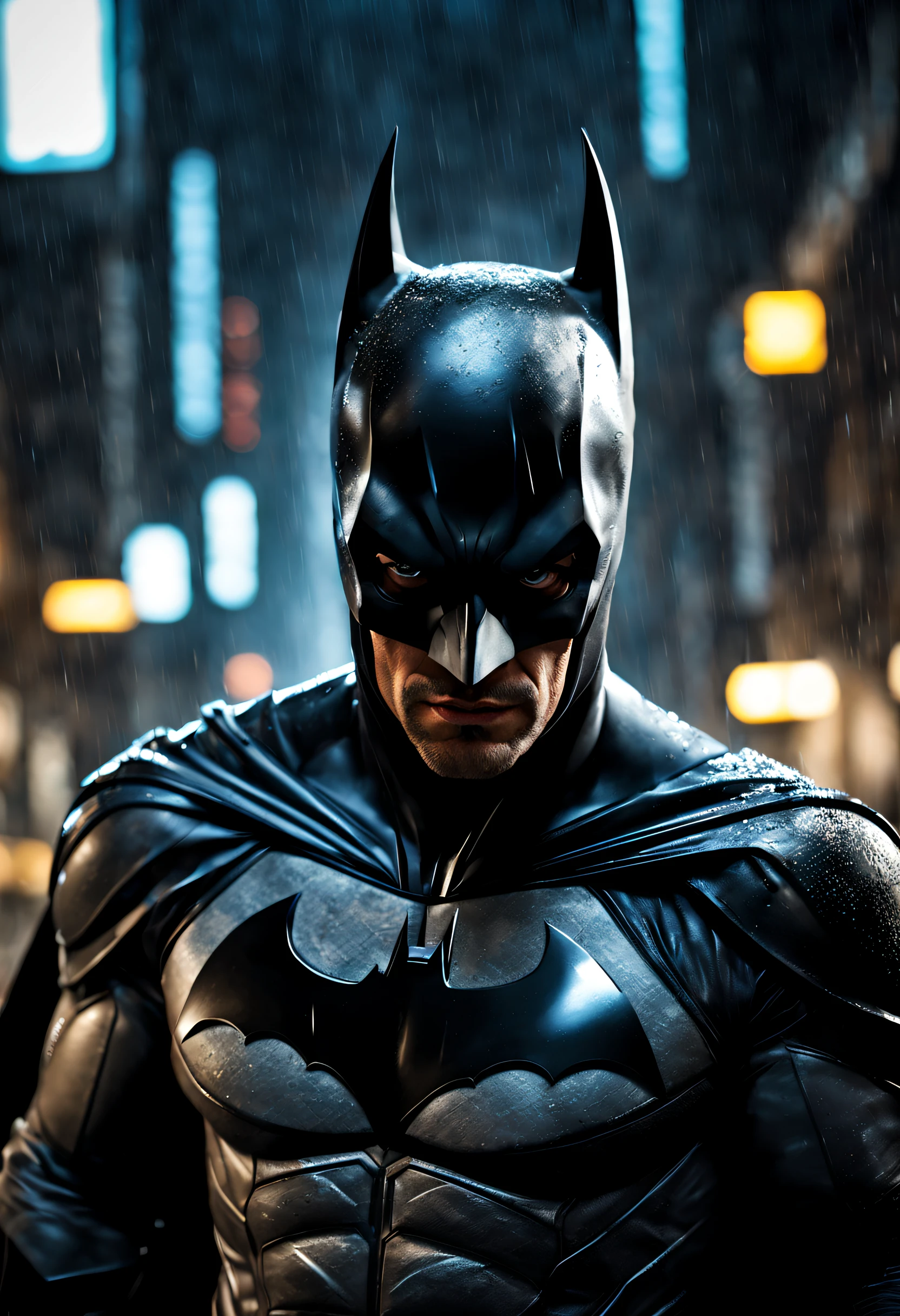 (best quality, 4k, 8k, high resolution, masterpiece: 1.2), ultra detailed, (realistic, photorealistic, photorealistic: 1.37),A detailed depiction of Batman in a dark and rainy Gotham City, con expresiones intensas en el rostro. The scene shows Batman wearing his iconic black suit and cape, con detalles intrincados en su traje, including the bat symbol on its chest.  The composition highlights the intensity of their conflict, with dynamic poses and facial expressions that reflect their nature . The artwork is created using photorealistic techniques. El medio utilizado es una fotografia renderizada digitalmente, La escena es muy detallada y captura las intrincadas texturas de sus trajes, the wet streets that reflect the neon lights and the spectacular lighting that casts deep shadows. The image is of the highest quality, with a resolution of 4K or higher, providing crisp details and vivid colors. The overall art style of the image has cinematic style, capturando la esencia del universo de Batman. La paleta de colores es oscura y de mal humor, con un enfoque en tonos de negro, azul y gris, . The lighting is spectacular, proyecta sombras espeluznantes y resalta los rasgos contrastante del  personaje. Generate a detailed, high-quality image of Batman in a dark and rainy Gotham City, focusing on their expressions and the intense atmosphere.