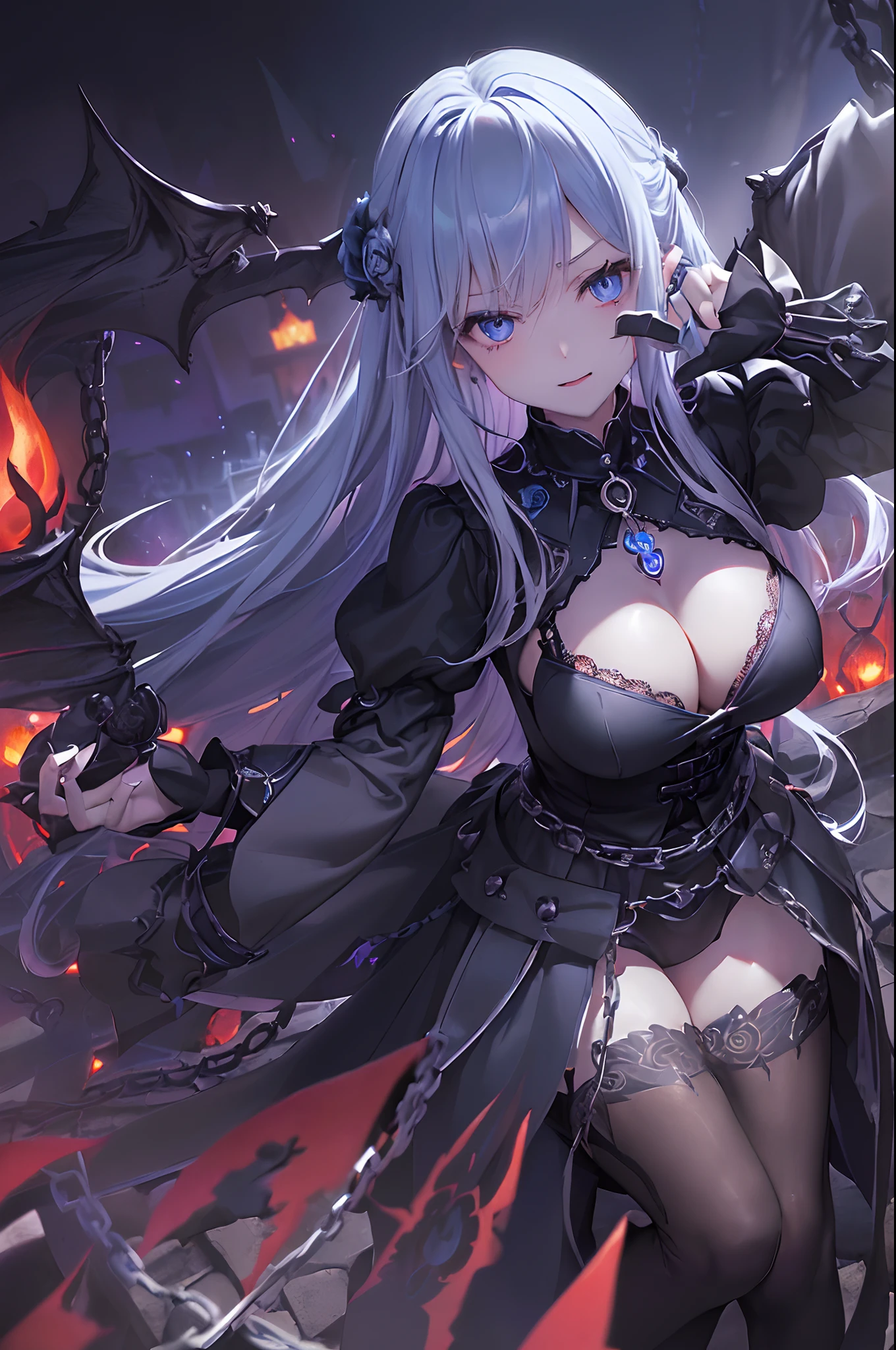 top-quality、Top image quality、masterpiece、girl with((18year old、Dark clothing、Dark bra、Dark skirt、 Best Bust、Bust 90、Blonde long、Blue eyes、open chest wide、Valley、Happiness、A slender、Provocative behavior、Evil face、Handcuffed、High laughter、Skull Tattoo、Tattoo of roses、Targeting your audience、Tighten blue rose hair、Aura of Darkness,Dark Forces,blue flames、Chain Accessories、Black wings、Peace sign with both hands))hiquality、Beautiful Art、Background with((prison、Dark impression、nightcity,Red sky、Many bats、many chains、the magma))、masutepiece、Elaborate design、visualart、dark art --auto