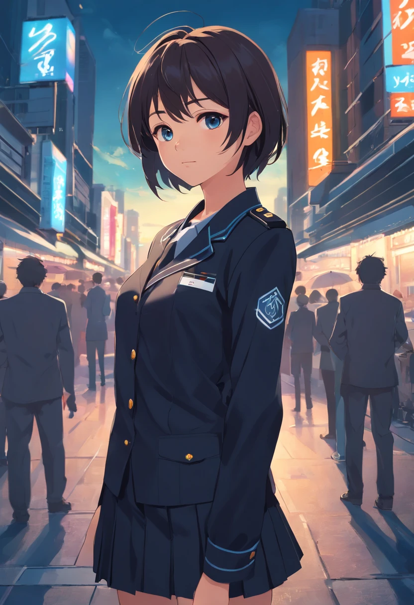 (best quality, ultra-detailed), 1 girl, police, wearing police uniform, female, miniskirt, beautiful detailed eyes, beautiful detailed lips, smile, illustrations, vivid colors, studio lighting, sharp focus, physically-based rendering, portraits, vibrant color tones, soft lighting.