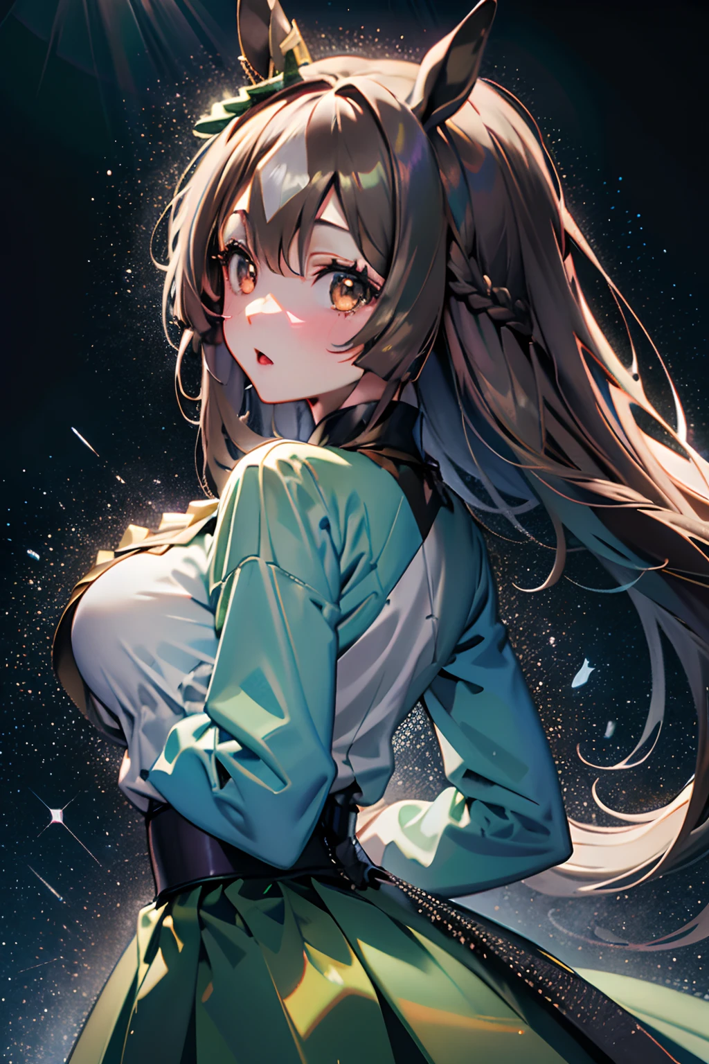 Official art, Unity 8k Wallpapers, ultra-detailliert, Beautifully Aesthetic, ​masterpiece, top-quality, realisitic, a closeup, Skindentation, interface, A detailed eye, A detailed face, detailed hairs, black backgrounds, straight-on, looking at the viewers, The sheen, Anime,  highly detailed with reflections transparent iridescent opaque jacket, Long transparent iridescent RGB hair, 1girl in, Solo, fronds, Long hair, Blurry, Shirt,  Parted lips, Outdoors, Floating hair, Long sleeves, White shirt, Bangs, Upper body, Open mouth, tusk, Brown eyes, Wind, Winters，Yuki，snowscape，Blurry background, day, depth of fields, bug,Uma Musume，satono diamond，In the scent of the flower garden，Sparkling eyes，Eyes like a galaxy，Colossal tits，