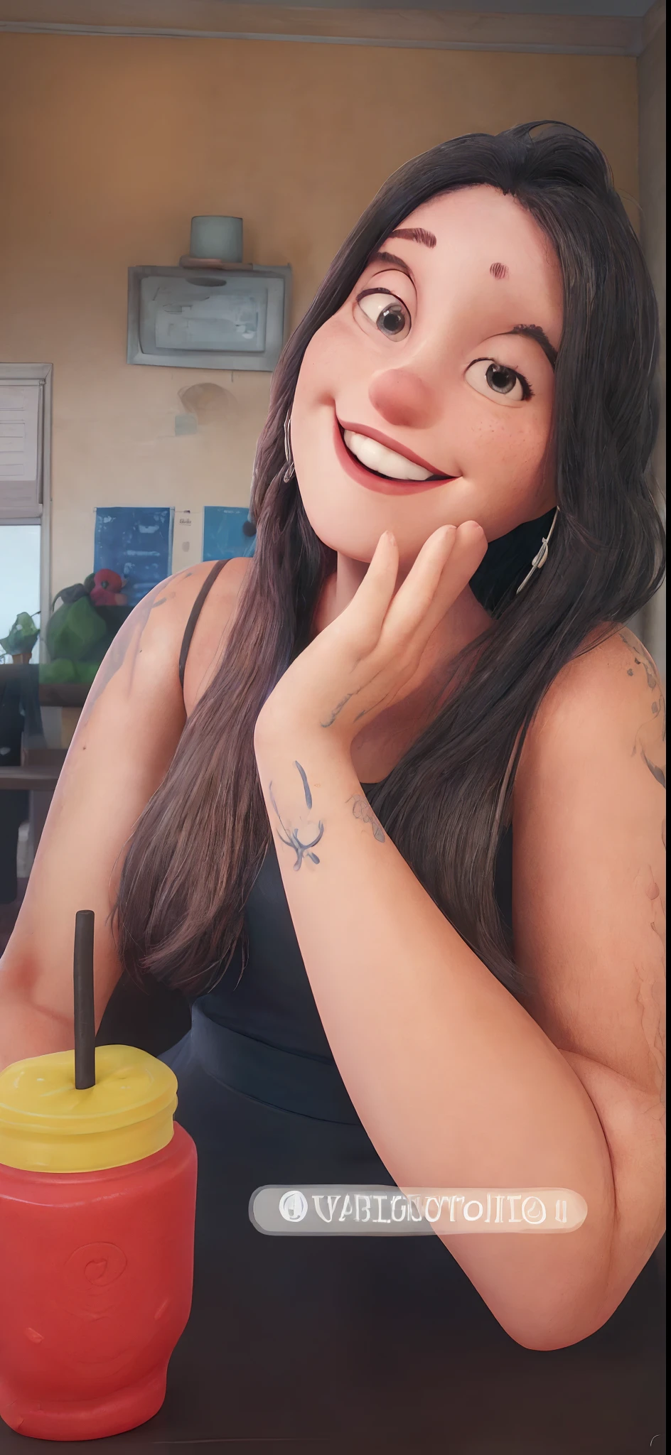 mulher sorridente sentada em uma mesa com um frasco de suco, com tatuagens, Usando tatuagens shipibo, bonito e sorridente, Alanis Guillen, Kaitlyn Michelle Siragusa, She is grinning, she is smiling and happy, tatuagens da linha ouro, imagem de perfil, Directed by: Nandor Soldier, by Amelia Peláez, she is smiling and excited