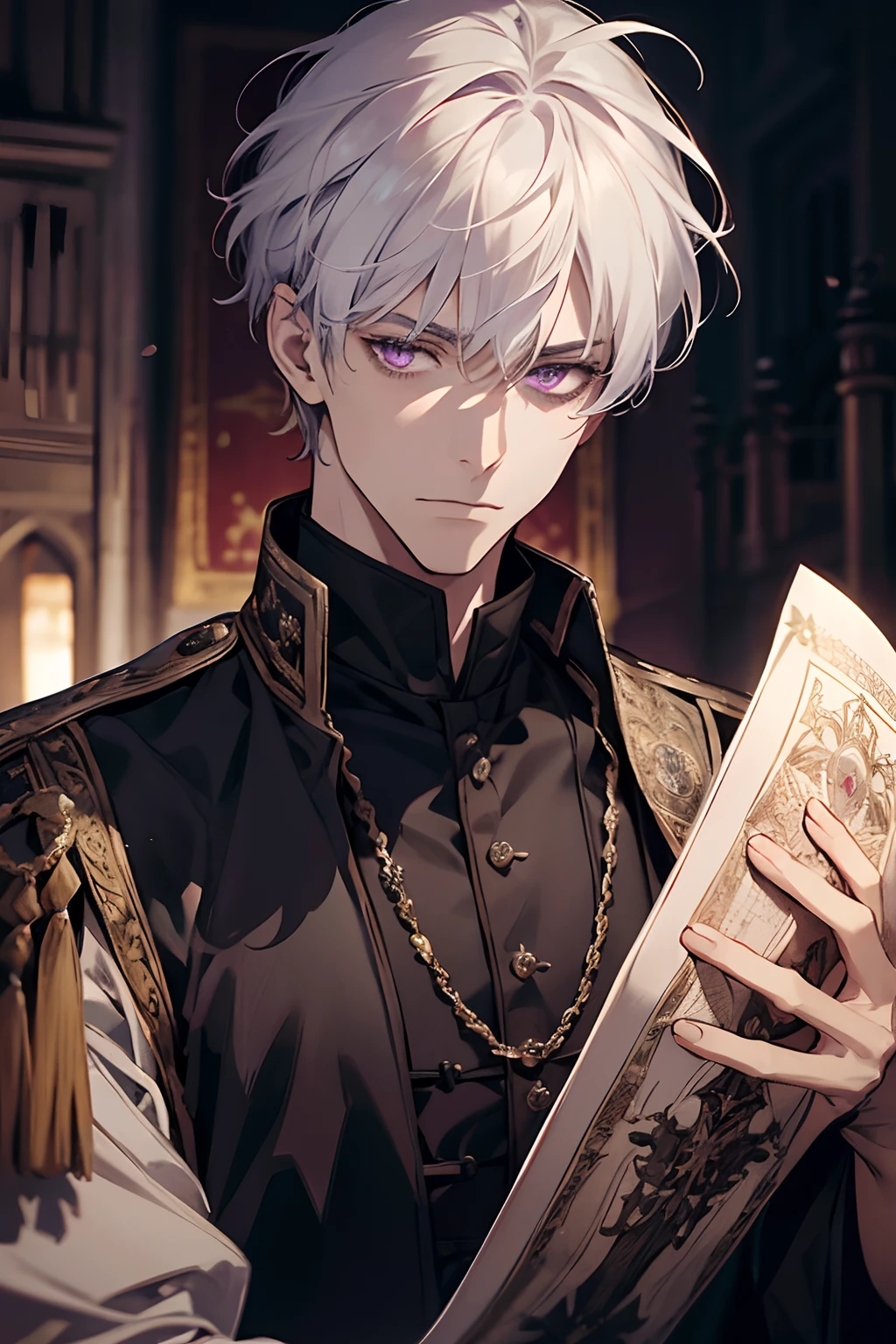 1male, calm, mature face, age 35 face, short messy with bangs, white hair, amethyst colored eyes, medieval times, royalty, prince attire, dressed in black, in a castle, condescending, close up, frown