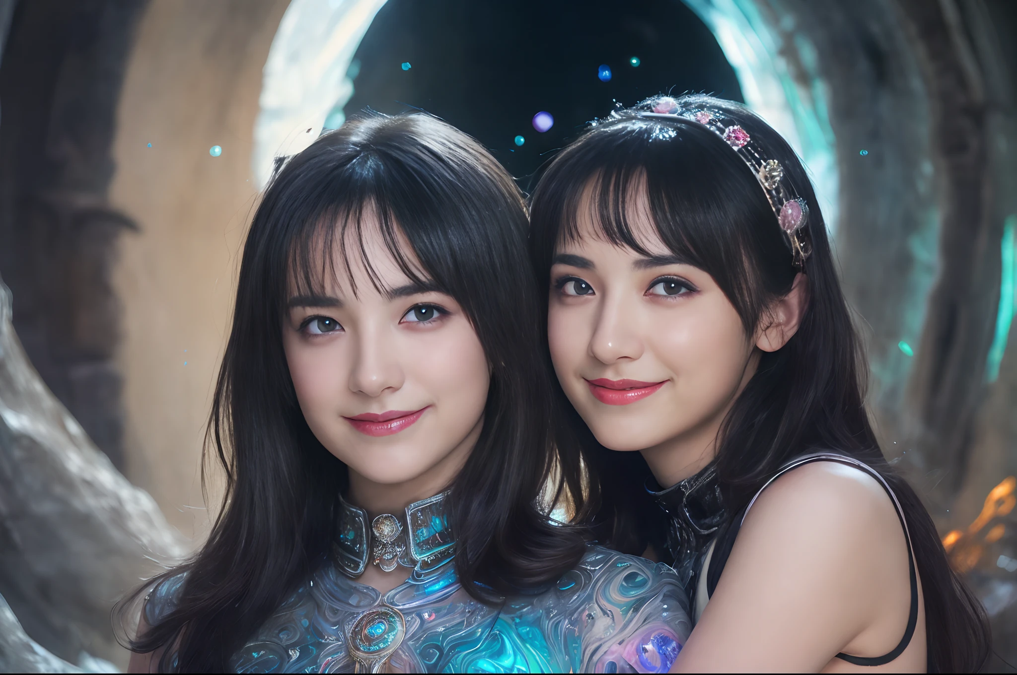 (Two beautiful age italian girls:1.6), Close friends, (They are hugging each other:1.2), Kiss her cheek or chest,(Detailed iridescent bodysuit with beautiful fractal or marble design:1.5)Incredible and spectacular scenes, ((High quality)), ((Detailed)), ((Fantasy)), Blue Plasma Brain, Green Plasma Body, Vulgarity, beutiful breast, obscenity, (Lewd smile:1.2), coarse, Obscene, mean, (raunchy:1.2), (Immoral:1.2), Lachish, (small breasts with beautiful raised pink areolas:1.5), (Cameltoe), (Expression of ecstasy:1.2), Photorealistic, Official art, unity 8k wall paper, 8K Portrait, Best Quality, Very high resolution, (Incredibly beautiful nature background:1.6), (18 years old:1.5), (Sexy and glamorous:1.1), (A coquettish expression:1.6), (seductively smiling:1.6), (Full body), (erotic posing:1.6), (Model Posing:1.6), Beautiful seductive face, Portrait, (Thick eyebrows:1.4), (Big scarlet eyes:1.2), Beautiful eyes with fine symmetry, (Ultra detailed eyes:1.4), (High resolution blue eyes:1.1), Intimate face, (ultra detailed skin texture:1.4), White skin, pale skin, Perfect Anatomy, Thin, (Beautiful toned body:1.5), Hair Bow, (Moist skin:1.2), full of sweat, No makeup, (dark circles:1.1), Good anatomy, Focus Face, good-looking, (Emilia Clark:0.6) (Emma watson:0.3),(Jennifer Connelly:0.4), (sensual face:1.5), Elegant face, Nice, Dolce, (Around her neck is a simple necklace of exquisite workmanship), (Bioluminescence with brilliant brilliance:1.4), (Luminous magic circle:1.5), Ruins of an ancient castle, Shining majestic cloud masses and sky, lightning bolt, Epic Realistic, (Greg Rutkowski:0.8), (teal and orange:0.4), (Art Station:1.5), Cinematic, (nffsw:1.5), Hyper Detailed, Dramatic light, (Intricate details:1.1), Beautiful black hair, (Wearing a gauntlet with a dense and very beautiful design decorated with jewels:1.1), small chest