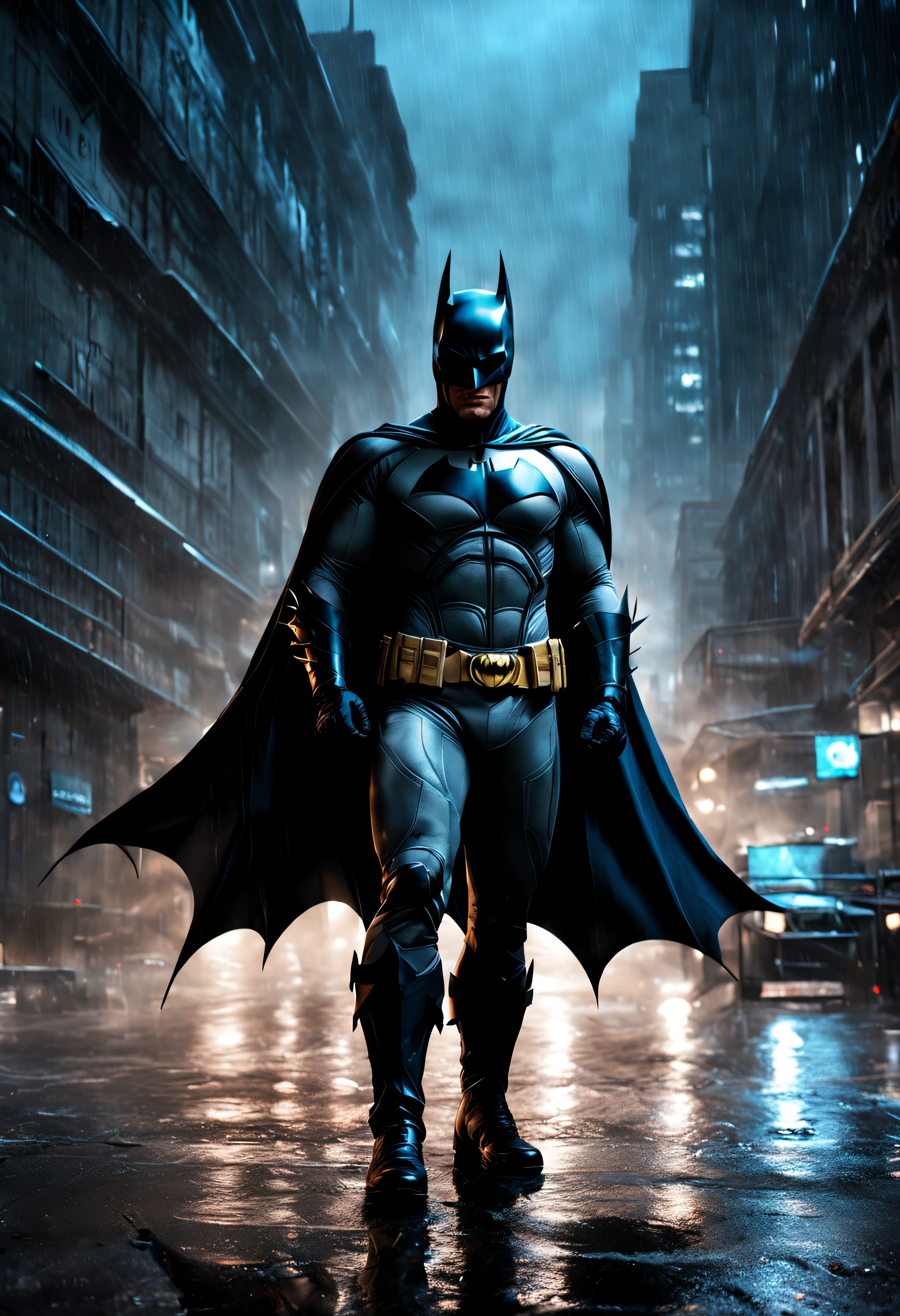 (best quality, 4k, 8k, high resolution, masterpiece: 1.2), ultra detailed, (realistic, photorealistic, photorealistic: 1.37),A detailed depiction of Batman in a dark and rainy Gotham City, con expresiones intensas en el rostro. The scene shows Batman wearing his iconic black suit and cape, con detalles intrincados en su traje, including the bat symbol on its chest. The composition highlights the intensity of their conflict, with dynamic poses and facial expressions that reflect their nature . The artwork is created using photorealistic techniques. El medio utilizado es una fotografia renderizada digitalmente, La escena es muy detallada y captura las intrincadas texturas de sus trajes, the wet streets that reflect the neon lights and the spectacular lighting that casts deep shadows. The image is of the highest quality, with a resolution of 4K or higher, providing crisp details and vivid colors. The overall art style of the image has cinematic style, capturando la esencia del universo de Batman. La paleta de colores es oscura y de mal humor, con un enfoque en tonos de negro, azul y gris, . The lighting is spectacular, proyecta sombras espeluznantes y resalta los rasgos contrastante del personaje. Generate a detailed, high-quality image of Batman in a dark and rainy Gotham City, focusing on their expressions and the intense atmosphere.