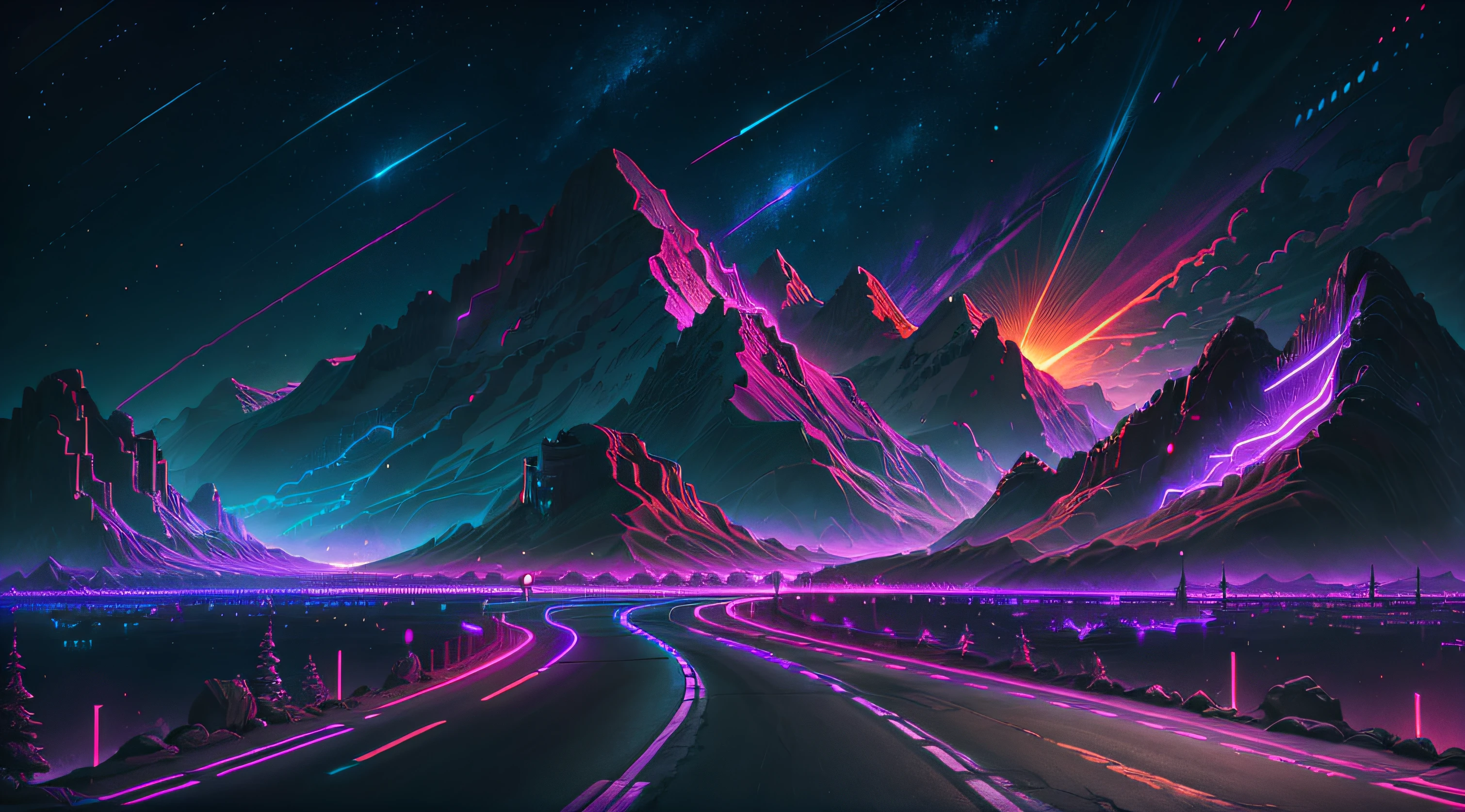 retrowave. road, purple neon lights, sun, mountain,
(masterpiece,detailed,highres),