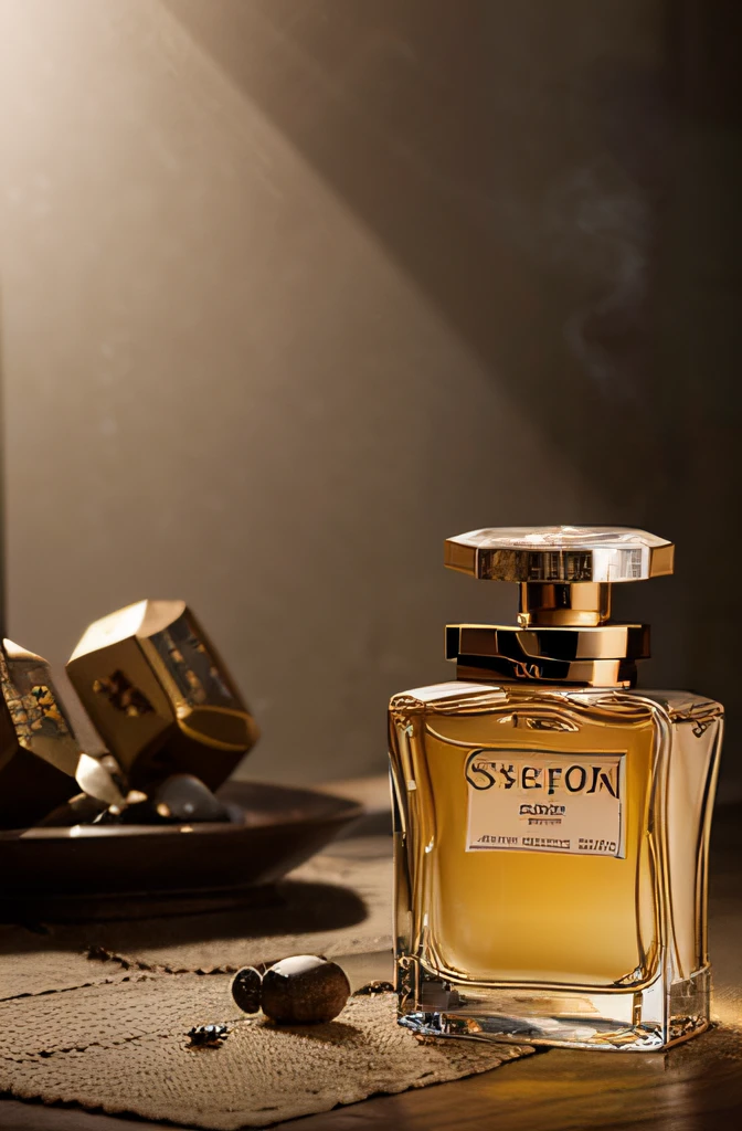 There is a bottle of high-end luxury modern style perfume、the fruits、Decorative stones、smokey、studiolight、rich details​、hyper HD、8K、Indoor product photography