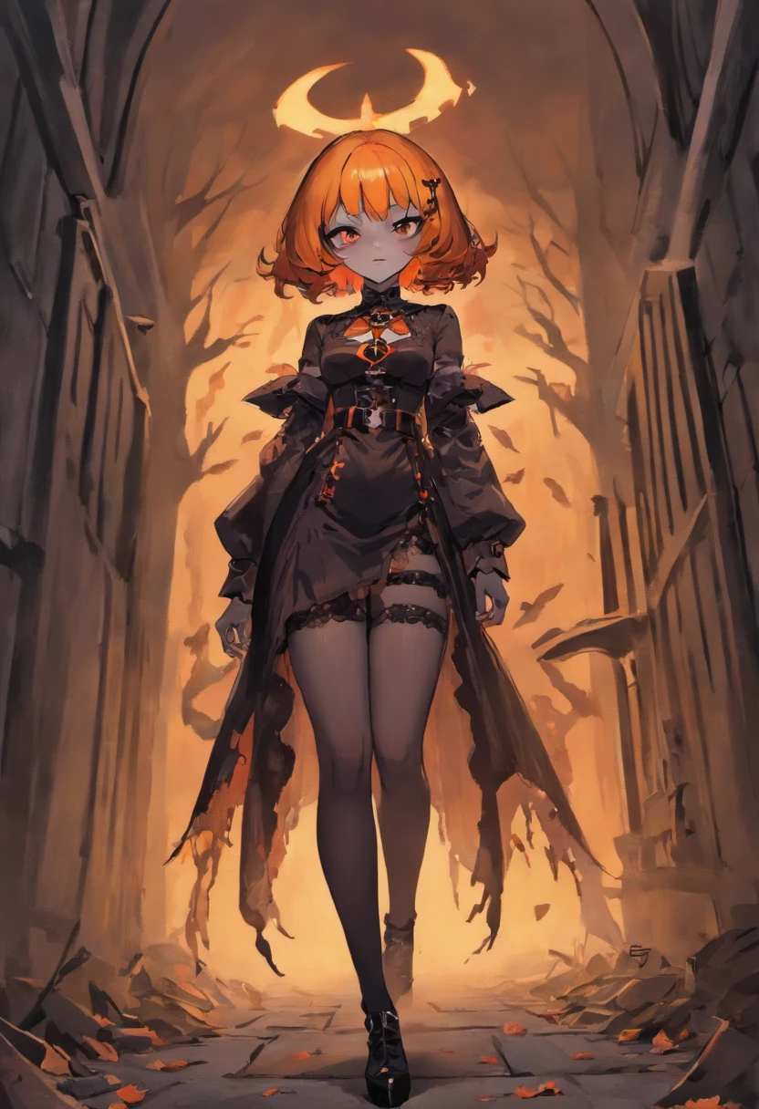 1 mulher solo, blusa curta rasgada, pumpkin head, caida no ombro e mini saia, meias longas rasgadas, botas de cano longo, peitos grandes, quadril largo, Estilo Halloween, pumpkin head, dia das bruxas, Noite de Halloween, Orange smoke, maquiagem halloween, lo gothic, sexy, Standing posing for the camera, Orange and black smoke in the background of the image, luvas prestas, rua escura, rosto ultra realista e detalhado, olhos brilhantes bem detalhado, riqueza de detalhes, fotografia realista, fantasia halloween, graveyard, tombs, Fantasmas.