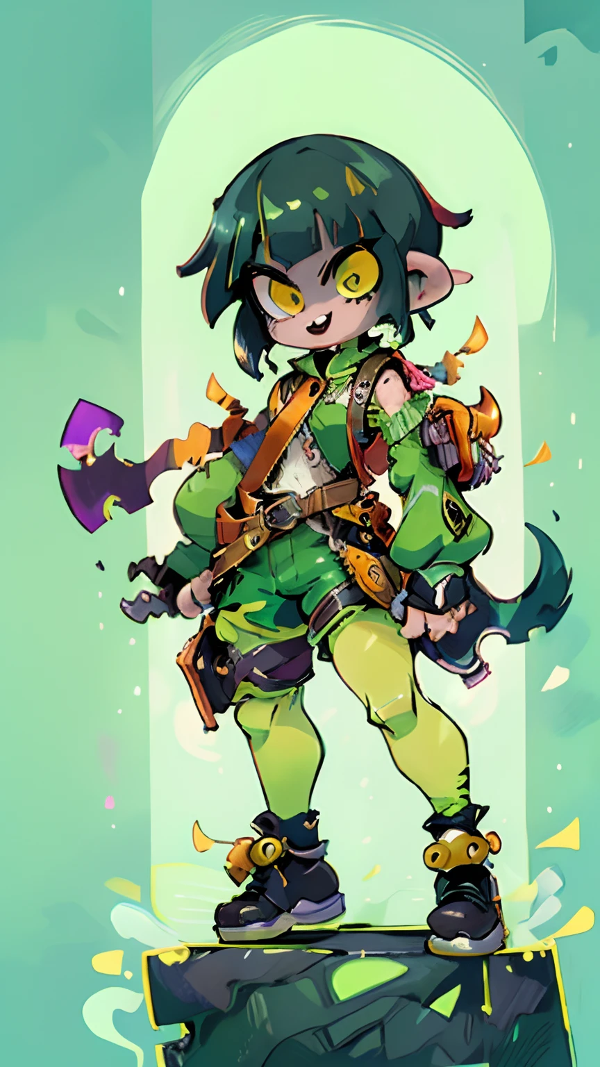 mksks style, detailed background, goblin girl, green skin, colored skin, black hair, short hair with long locks, blunt bangs, amber eyes, tsurime eyes, rogue, assassin, dressed in tight leather, punk techwear, straps and belts , smug expression, upper teeth, fang, beautiful 8k wallpaper, masterpiece, best quality