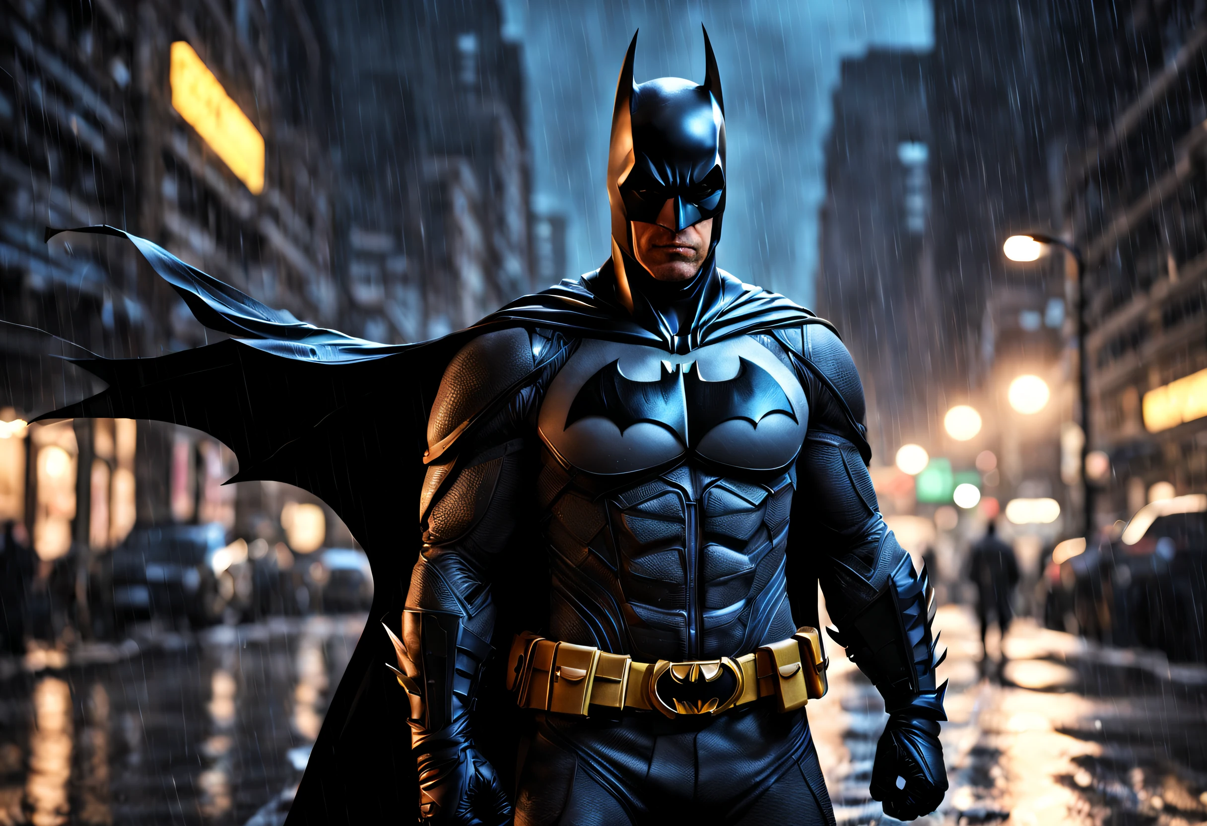 (best quality, 4k, 8k, high resolution, masterpiece: 1.2), ultra detailed, (realistic, photorealistic, photorealistic: 1.37),A detailed depiction of Batman in a dark and rainy Gotham City, con expresiones intensas en el rostro. The scene shows Batman wearing his iconic black suit and cape, con detalles intrincados en su traje, including the bat symbol on its chest. The composition highlights the intensity of their conflict, with dynamic poses and facial expressions that reflect their nature . The artwork is created using photorealistic techniques. El medio utilizado es una fotografia renderizada digitalmente, La escena es muy detallada y captura las intrincadas texturas de sus trajes, the wet streets that reflect the neon lights and the spectacular lighting that casts deep shadows. The image is of the highest quality, with a resolution of 4K or higher, providing crisp details and vivid colors. The overall art style of the image has cinematic style, capturando la esencia del universo de Batman. La paleta de colores es oscura y de mal humor, con un enfoque en tonos de negro, azul y gris, . The lighting is spectacular, proyecta sombras espeluznantes y resalta los rasgos contrastante del personaje. Generate a detailed, high-quality image of Batman in a dark and rainy Gotham City, focusing on their expressions and the intense atmosphere.