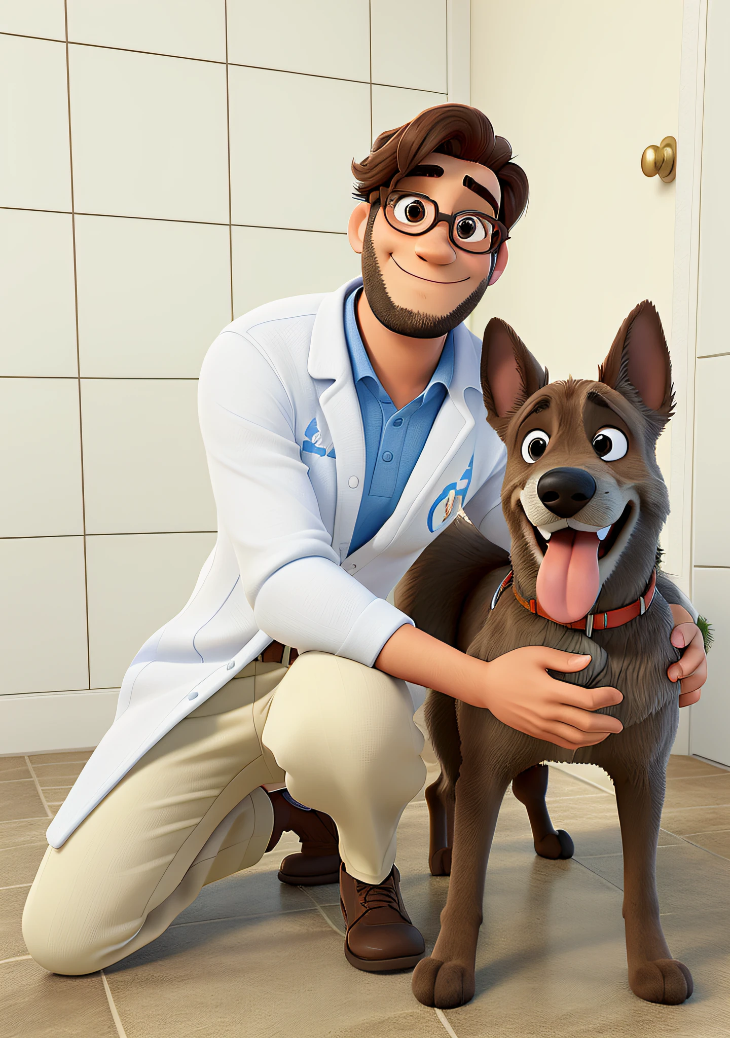 Um homem estilo disney pixar de jaleco branco, Round Eyewear, barba, cabelo castanho claro, ao lado de um cachorro alta qualidade, melhor qualidade