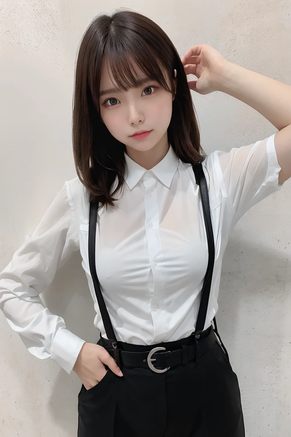 ​masterpiece、flat-colors、depth of fields、lens flare 1 girl、、Brown hair、watching at viewers　　　　a belt　black suspenders　Social OL　　　ample bosom　　　 　 Armpit sweat　perspiring　Side of both hands　　walls: Black Suit　Black pants, Black jacket