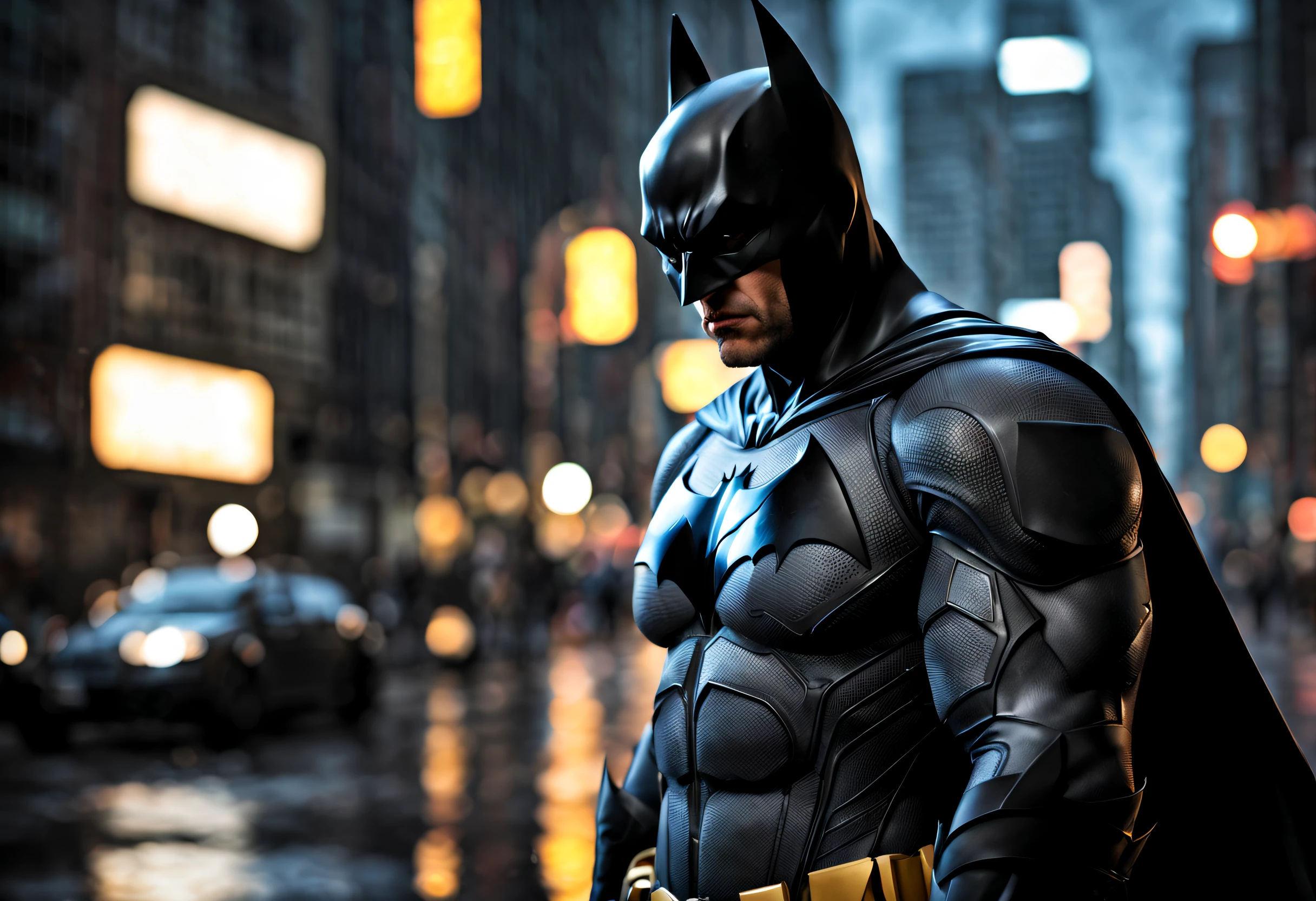 (best quality, 4k, 8k, high resolution, masterpiece: 1.2), ultra detailed, (realistic, photorealistic, photorealistic: 1.37),A detailed depiction of Batman in a dark and rainy Gotham City, con expresiones intensas en el rostro. The scene shows Batman wearing his iconic black suit and cape, con detalles intrincados en su traje, including the bat symbol on its chest. The composition highlights the intensity of their conflict, with dynamic poses and facial expressions that reflect their nature . The artwork is created using photorealistic techniques. El medio utilizado es una fotografia renderizada digitalmente, La escena es muy detallada y captura las intrincadas texturas de sus trajes, the wet streets that reflect the neon lights and the spectacular lighting that casts deep shadows. The image is of the highest quality, with a resolution of 4K or higher, providing crisp details and vivid colors. The overall art style of the image has cinematic style, capturando la esencia del universo de Batman. La paleta de colores es oscura y de mal humor, con un enfoque en tonos de negro, azul y gris, . The lighting is spectacular, proyecta sombras espeluznantes y resalta los rasgos contrastante del personaje. Generate a detailed, high-quality image of Batman in a dark and rainy Gotham City, focusing on their expressions and the intense atmosphere.