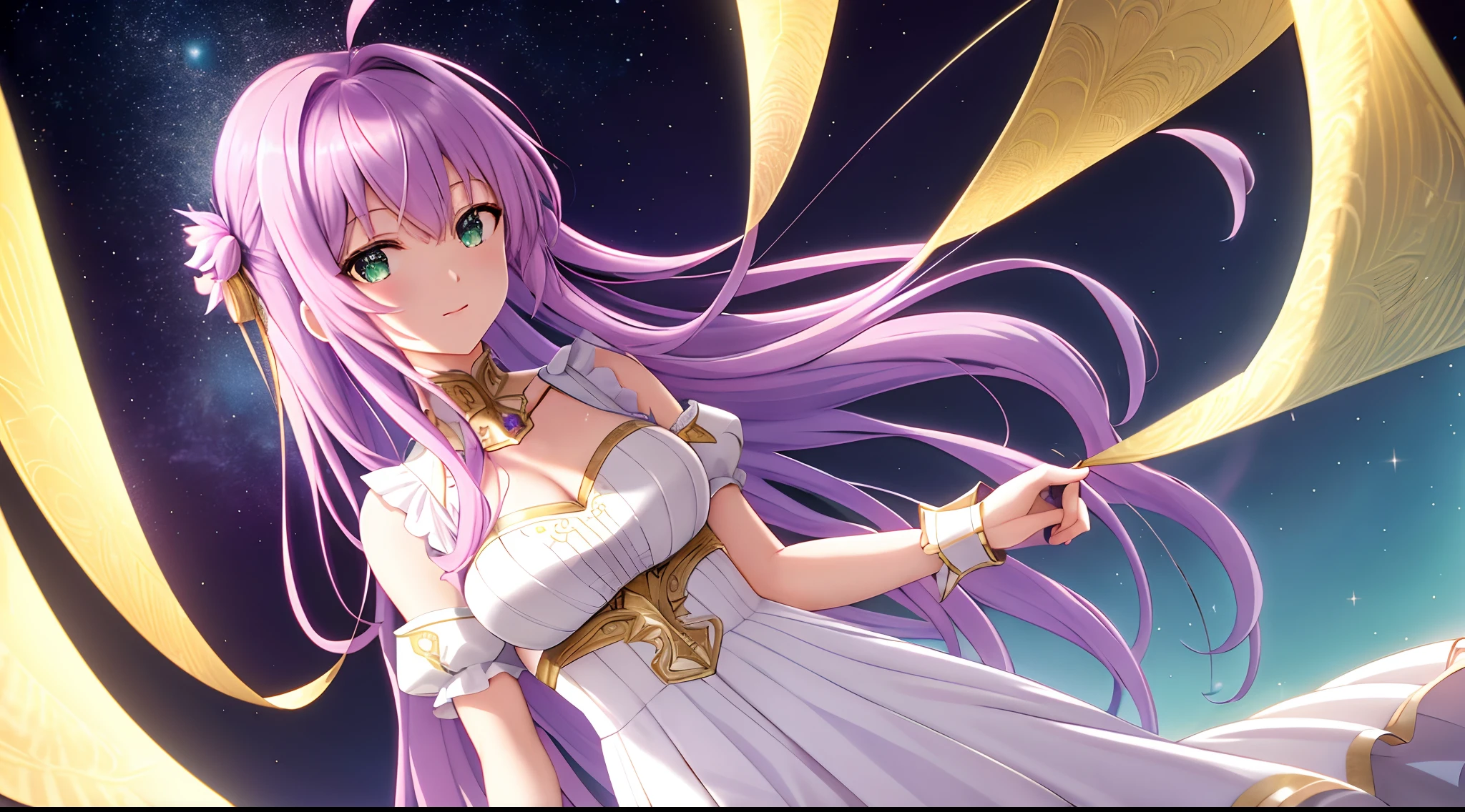 Kido_Saori, big_breasts, purple_hair, blue_eyes, staff, white_dress, armlet, jewelry