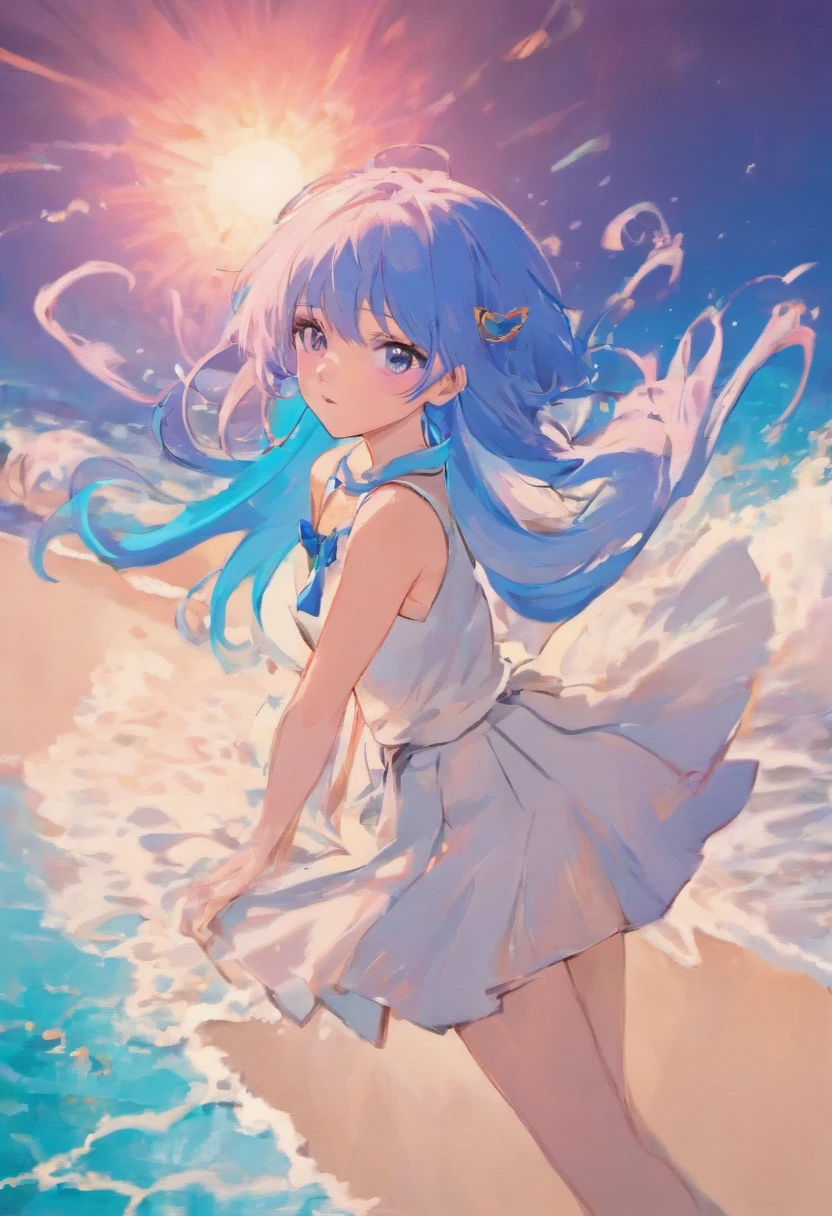 woman，Purple hair，blue colored eyes，Blue top，Short white skirt，On the beach