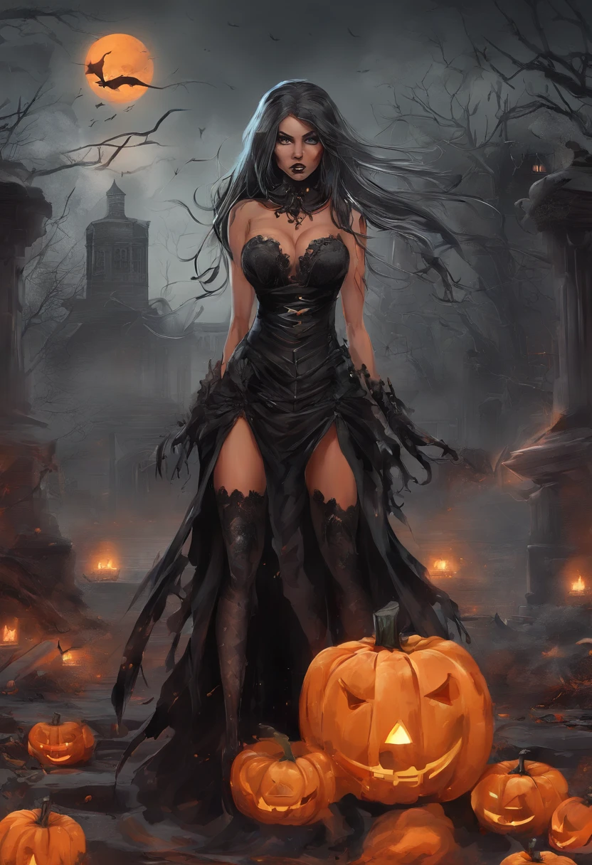 1 mulher solo, blusa curta rasgada, pumpkin head, caida no ombro e mini saia, meias longas rasgadas, botas de cano longo, peitos grandes, quadril largo, Estilo Halloween, pumpkin head, dia das bruxas, Noite de Halloween, Orange smoke, maquiagem halloween, lo gothic, sexy, Standing posing for the camera, Orange and black smoke in the background of the image, luvas prestas, rua escura, rosto ultra realista e detalhado, olhos brilhantes bem detalhado, riqueza de detalhes, fotografia realista, fantasia halloween, graveyard, tombs, Fantasmas.