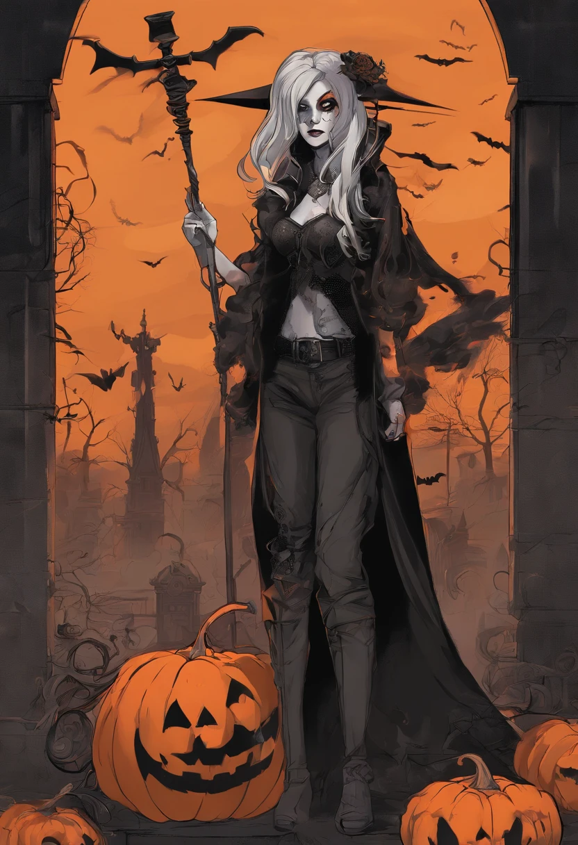 1 mulher solo, blusa curta rasgada, pumpkin head, caida no ombro e mini saia, meias longas rasgadas, botas de cano longo, peitos grandes, quadril largo, Estilo Halloween, pumpkin head, dia das bruxas, Noite de Halloween, Orange smoke, maquiagem halloween, lo gothic, sexy, Standing posing for the camera, Orange and black smoke in the background of the image, luvas prestas, rua escura, rosto ultra realista e detalhado, olhos brilhantes bem detalhado, riqueza de detalhes, fotografia realista, fantasia halloween, graveyard, tombs, Fantasmas.