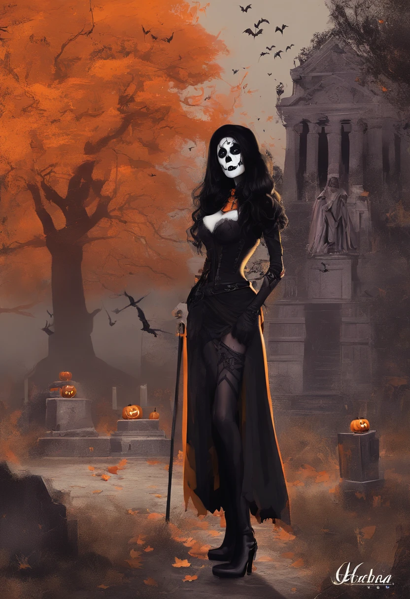 1 mulher solo, blusa curta rasgada, pumpkin head, caida no ombro e mini saia, meias longas rasgadas, botas de cano longo, peitos grandes, quadril largo, Estilo Halloween, pumpkin head, dia das bruxas, Noite de Halloween, Orange smoke, maquiagem halloween, lo gothic, sexy, Standing posing for the camera, Orange and black smoke in the background of the image, luvas prestas, rua escura, rosto ultra realista e detalhado, olhos brilhantes bem detalhado, riqueza de detalhes, fotografia realista, fantasia halloween, graveyard, tombs, Fantasmas.