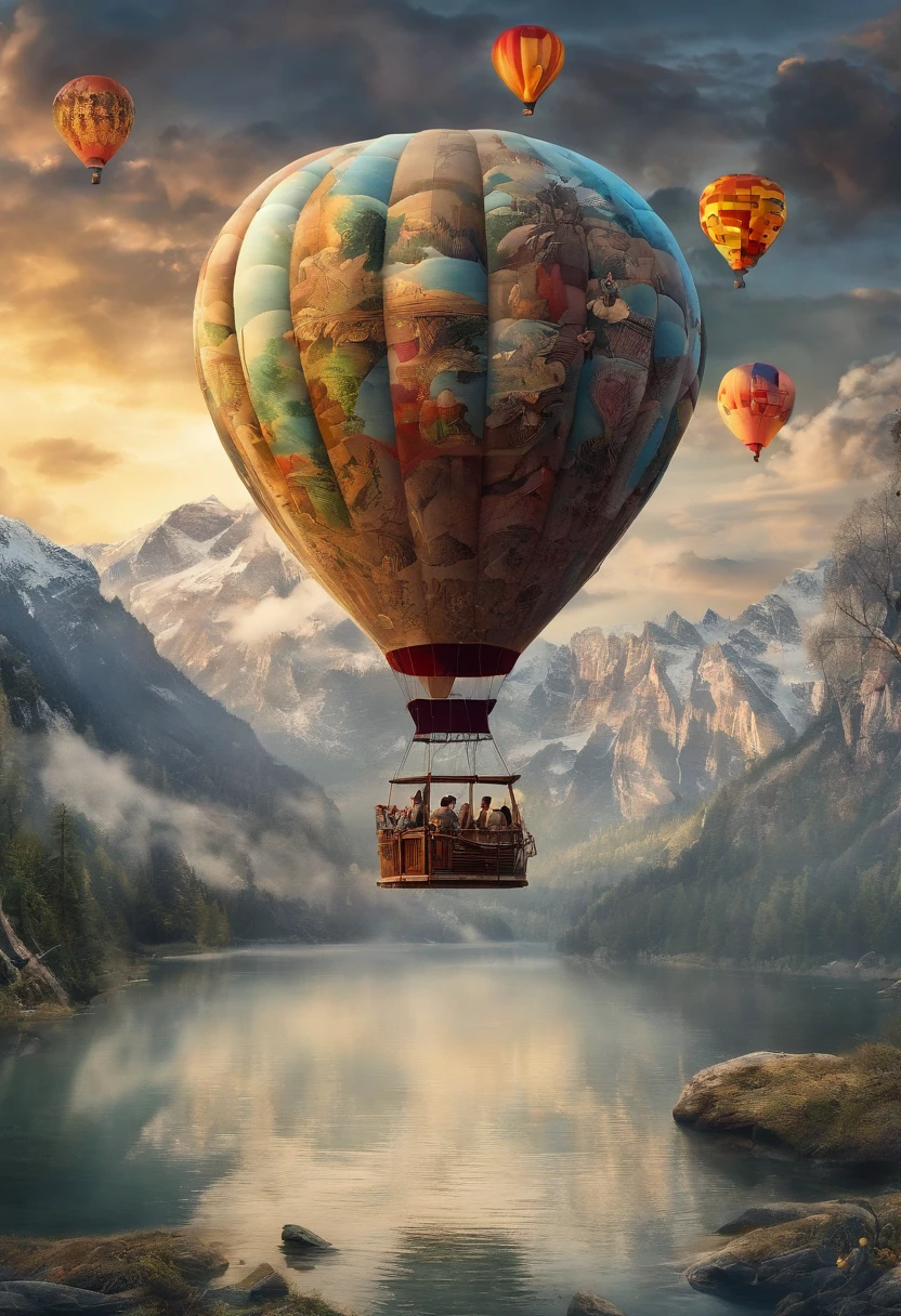 Step into the world of collage art with this captivating artwork featuring a hot air balloon floating in a surreal sky. The composition combines vintage photographs and whimsical elements, creating a dreamlike and nostalgic atmosphere. The use of textures and layers adds depth and visual interest to the artwork, evoking a sense of wonder and imagination. Renowned collage artist Eugenia Loli skillfully captures the surreal and whimsical nature of this hot air balloon artwork in this visually stunning piece

The use of light is also very clever。The sun's rays shine through the clouds，Sprinkle on mountains and lakes，A chiaroscuro is formed，It adds a mysterious and romantic atmosphere to the whole picture。

generally，The painting shows a beautiful and serene layered paper art。Every element has been carefully designed and crafted，Presents a multi-layered landscape and rich details。It gives a relaxing and pleasant feeling，It also shows the artist's love and creativity for nature。