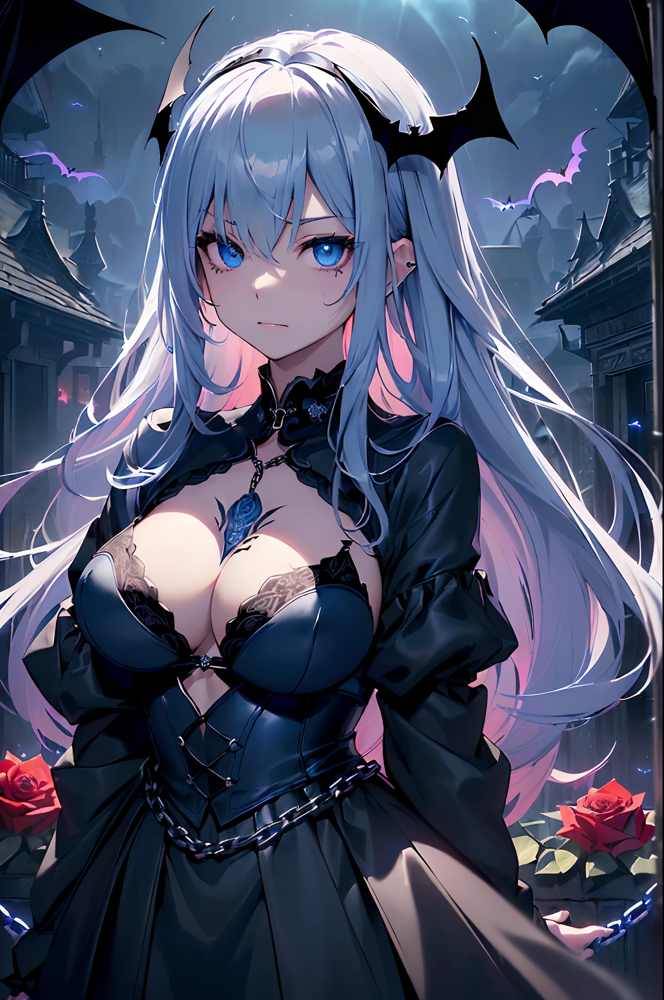 top-quality、Top image quality、​masterpiece、girl with((18year old、Dark clothing、Dark bra、Dark skirt、 Best Bust、Bust 90、Blonde long、Blue eyes、open chest wide、Valley、Happiness、A slender、Provocative behavior、Evil face、Handcuffed、High laughter、Skull Tattoo、Tattoo of roses、Targeting your audience、Tighten blue rose hair、Aura of Darkness,Dark Forces,blue flames、Chain Accessories、Black wings)）hiquality、Beautiful Art、Background with((prison、Dark impression、nightcity,Red sky、Many bats、many chains))、masutepiece、Elaborate design、visualart、dark art
