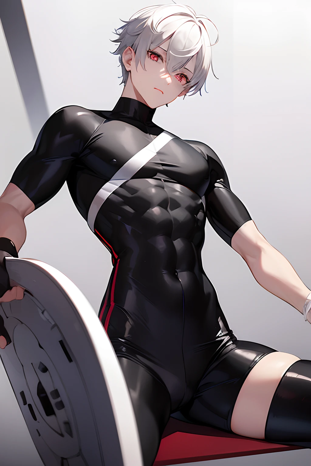 1boy(white_hair, red_eyes, black_bodysuit, short_hair, shiny_hair, athletic)