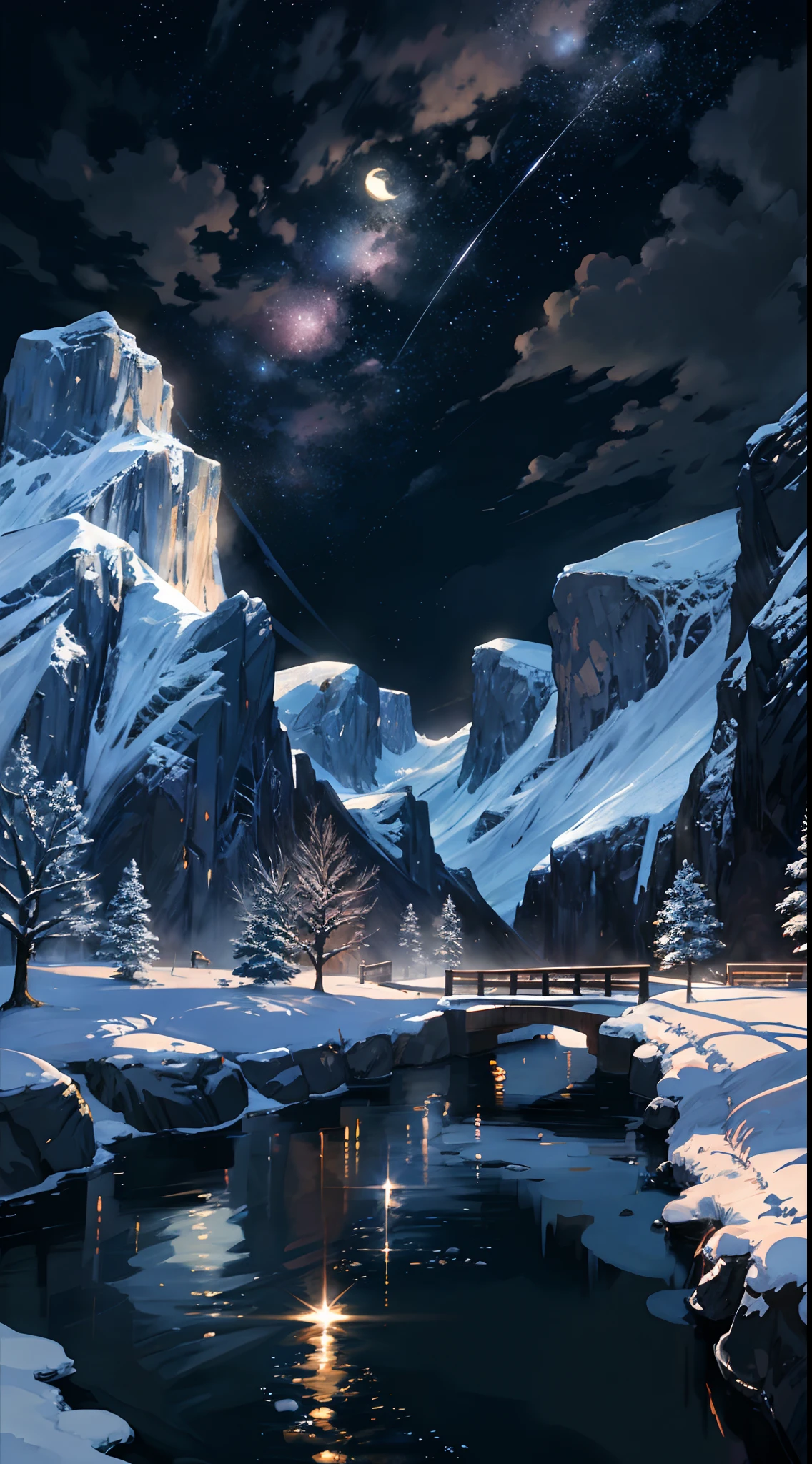 A painting of a river with stars and moon in the sky, concept art inspired by Tosa Mitsuoki, pixiv contest winner, best quality, fantasy art, beautiful anime scene, a bright moon, moonlit starry environment, dream painting, Anime Background Art, Fantasy Landscape Art, Fantasy Night, Anime Background, Background Artwork, Fantastic Art, Atmospheric Anime, Starry Sky, Detail Enhanced.