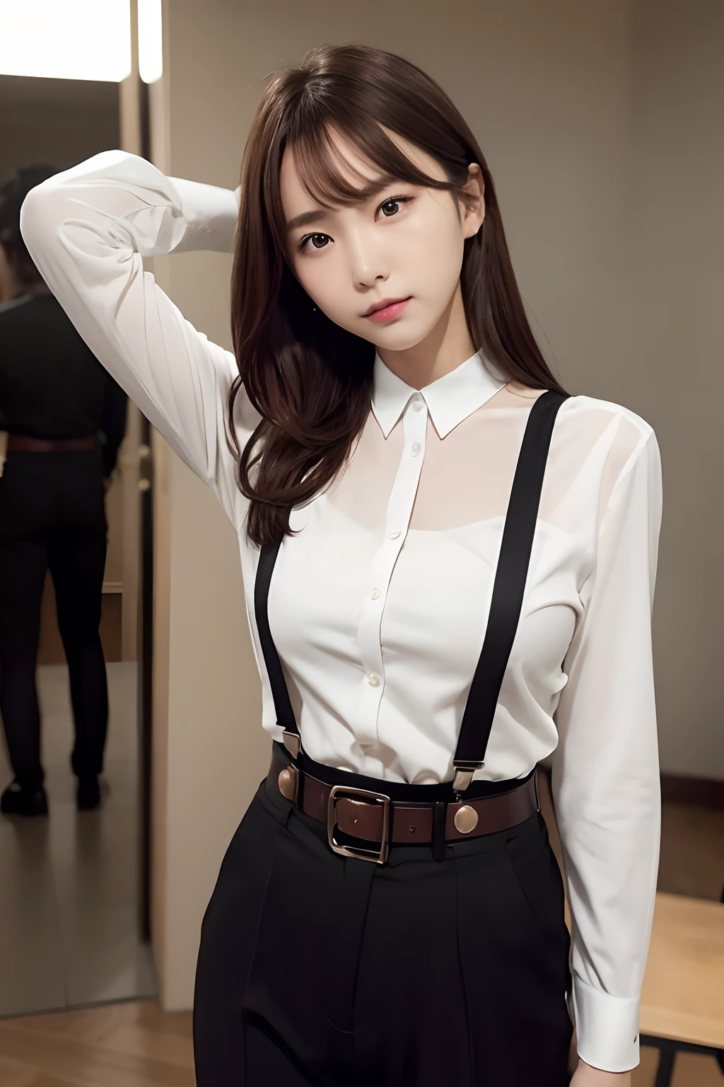 top-quality、masterpiece、超A high resolution、(realisitic:1.4)、Bautiful Women1、Beautiful detail eyes and skin、smile、Light brown middle-cut hair, She is Wearing a shirt and black suit, gorgeous chinese model, photo of slim girl model, IG-Modell, beautiful female model, Choker, 24, 24 years old, shirt and black suit, white skin, long-sleeved shirt