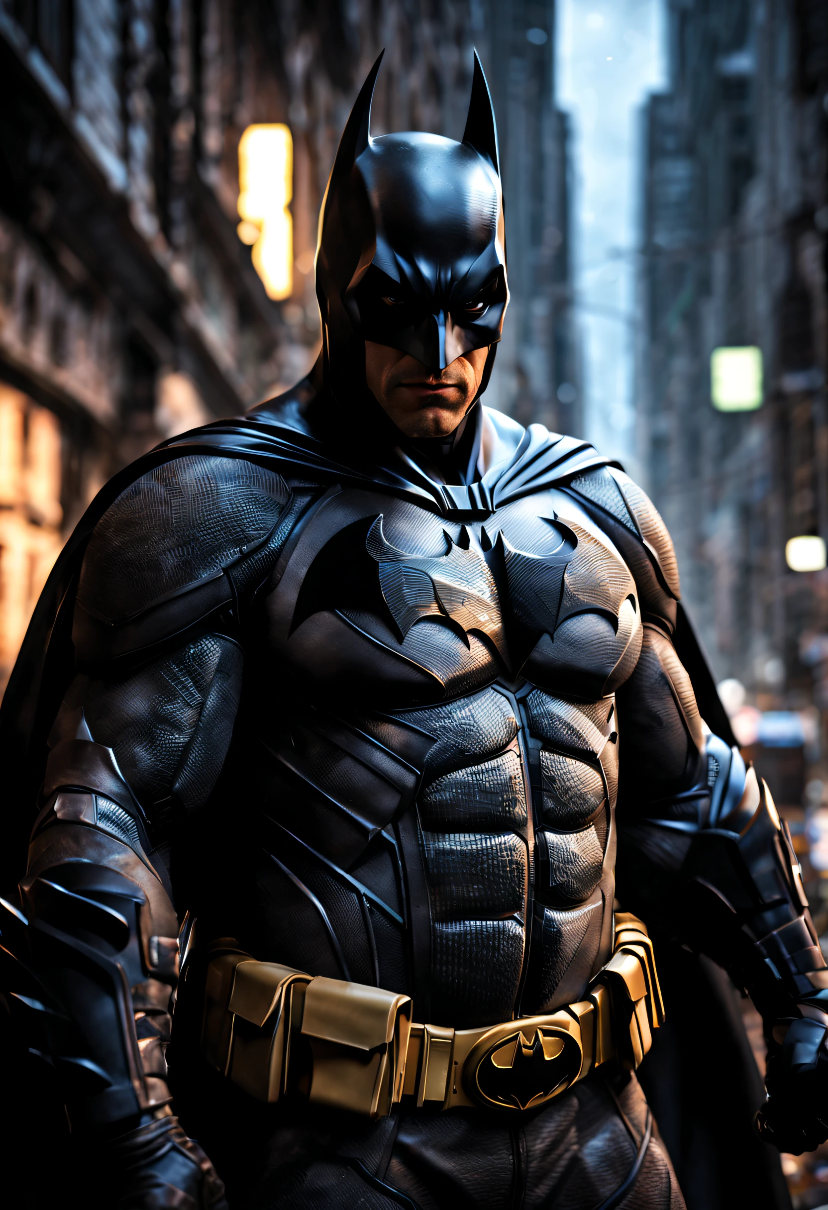 (best quality, 4k, 8k, high resolution, masterpiece: 1.2), ultra detailed, (realistic, photorealistic, photorealistic: 1.37),A detailed depiction of Batman in a dark and rainy Gotham City, con expresiones intensas en el rostro. The scene shows Batman wearing his iconic black suit and cape, con detalles intrincados en su traje, including the bat symbol on its chest. The composition highlights the intensity of their conflict, with dynamic poses and facial expressions that reflect their nature . The artwork is created using photorealistic techniques. El medio utilizado es una fotografia renderizada digitalmente, La escena es muy detallada y captura las intrincadas texturas de sus trajes, the wet streets that reflect the neon lights and the spectacular lighting that casts deep shadows. The image is of the highest quality, with a resolution of 4K or higher, providing crisp details and vivid colors. The overall art style of the image has cinematic style, capturando la esencia del universo de Batman. La paleta de colores es oscura y de mal humor, con un enfoque en tonos de negro, azul y gris, . The lighting is spectacular, proyecta sombras espeluznantes y resalta los rasgos contrastante del personaje. Generate a detailed, high-quality image of Batman in a dark and rainy Gotham City, focusing on their expressions and the intense atmosphere.