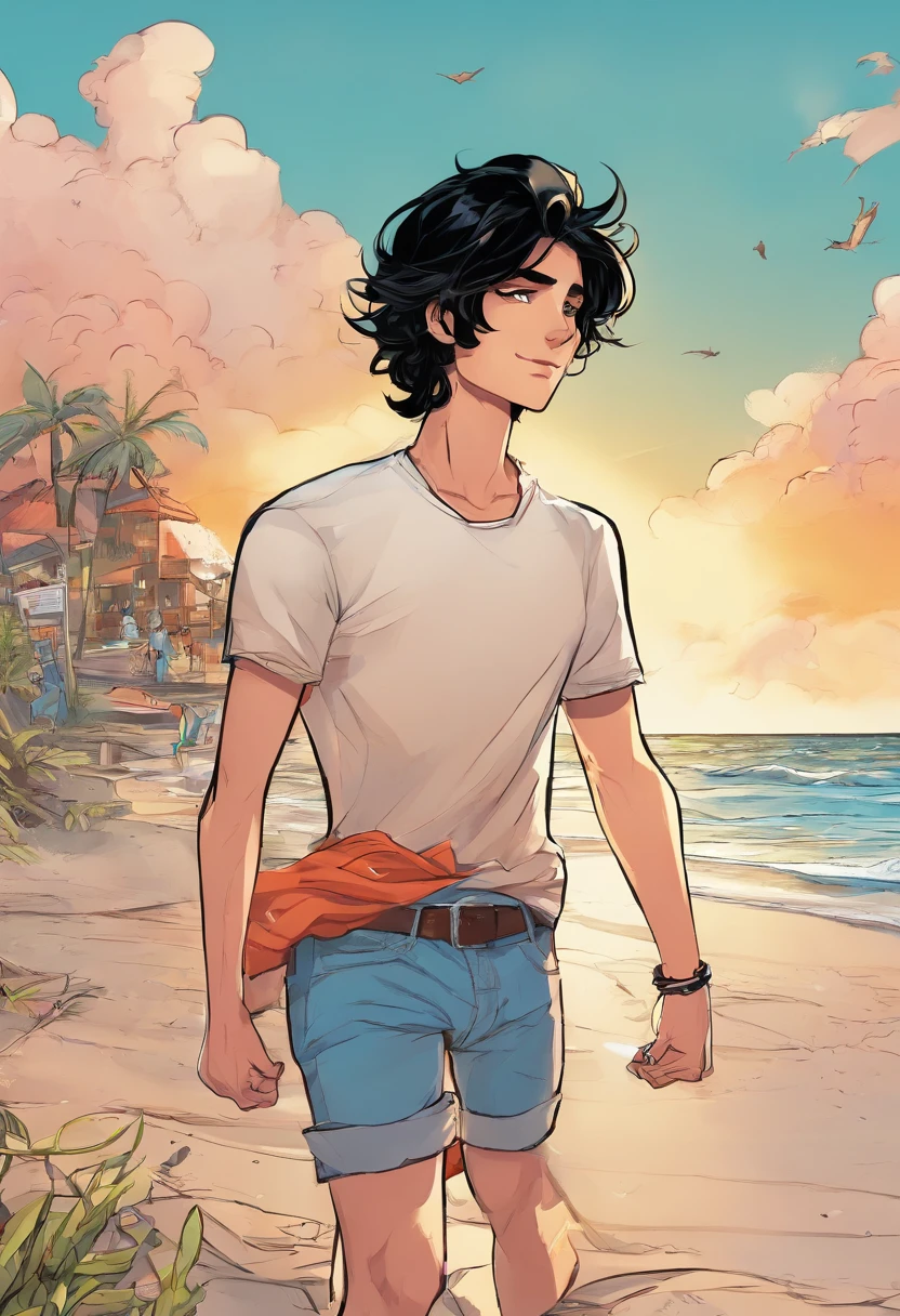 beachside，Boy with black hair，Very handsome