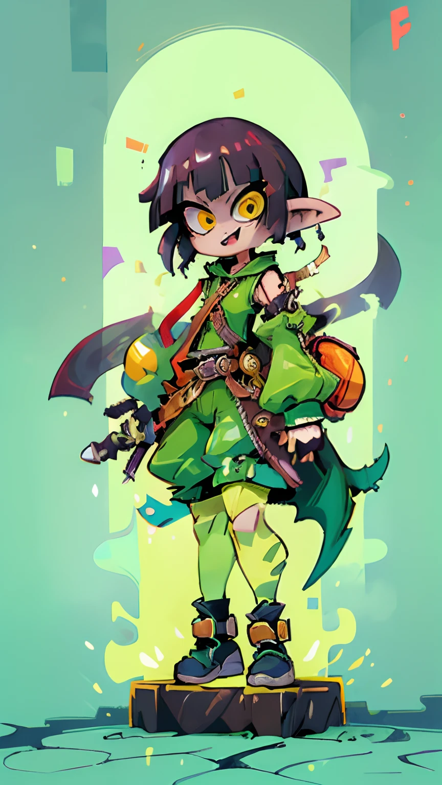 mksks style, detailed background, goblin girl, green skin, colored skin, black hair, short hair with long locks, blunt bangs, amber eyes, tsurime eyes, rogue, assassin, dressed in tight leather, punk techwear, straps and belts , smug expression, upper teeth, fang, beautiful 8k wallpaper, masterpiece, best quality