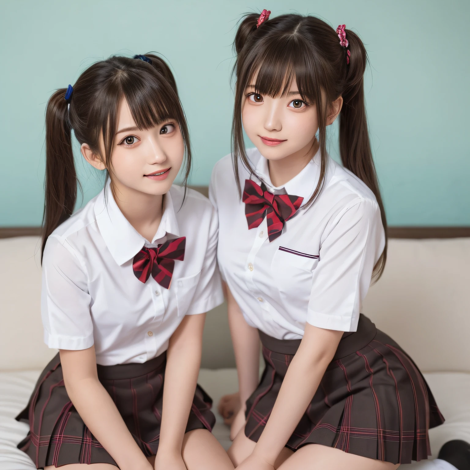 ung girl, Super beautiful detailed face, hi-school girl, twintail, Staring at me, Open mouth slightly, smile shyly, multiple girls, Raw photo, (Best Quality:1.2), masutepiece, 16 K, high details, hight resolution, With the highest quality, High-definition raw color photos, professional photograpy, Cinematic Light, (Fine face:1.2), (hi-School uniform:1.5), (hi-School uniform with open chest), Beautiful breasts, girl portrait, (panties), No Underwear, classroom, (((Bokeh))), depth of fields,