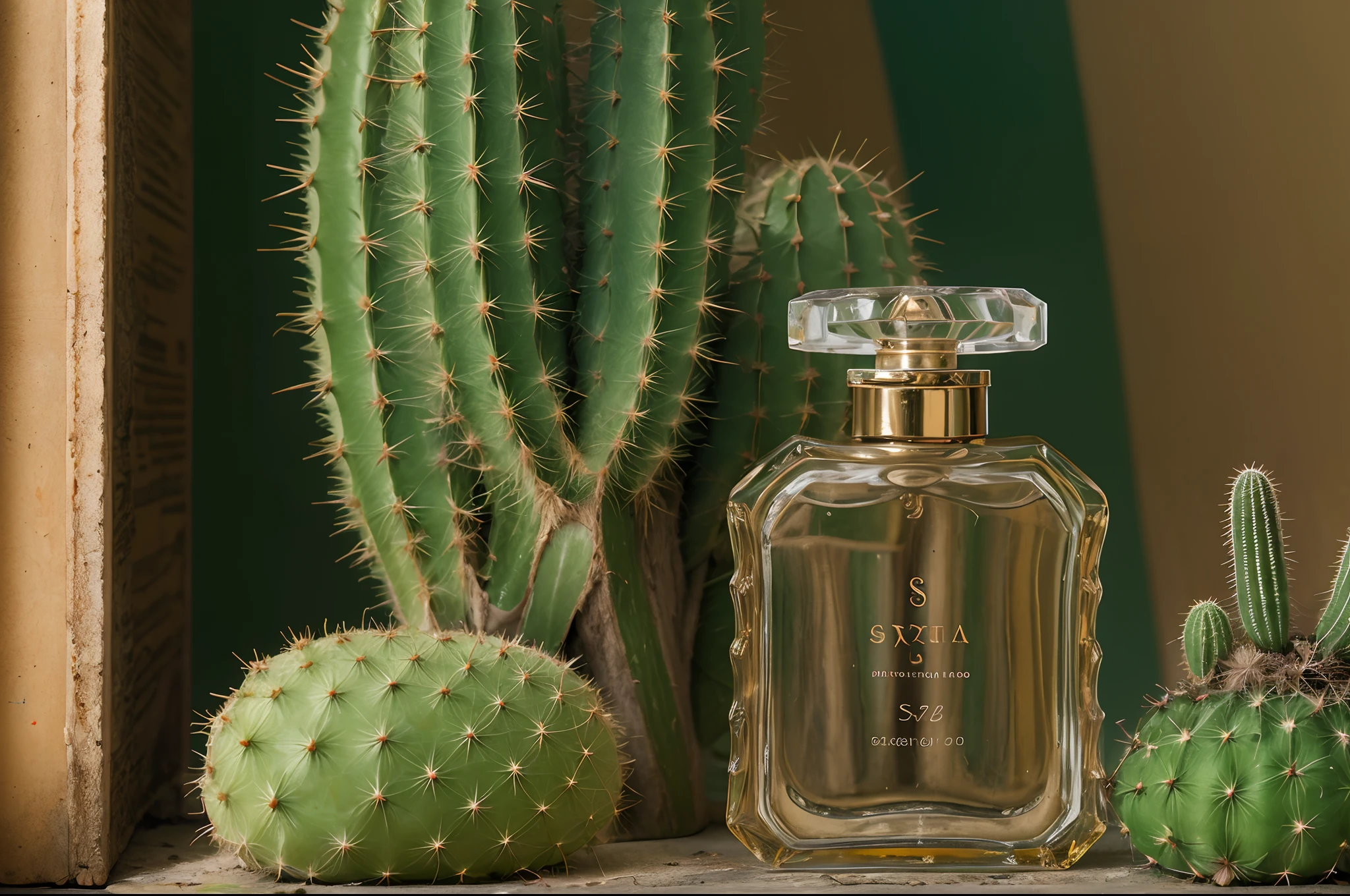 bottle of perfume sitting next to a cactus, maximalism, diorama, maximalist, natural lighting, high detail --upbeta --s 750 --style raw