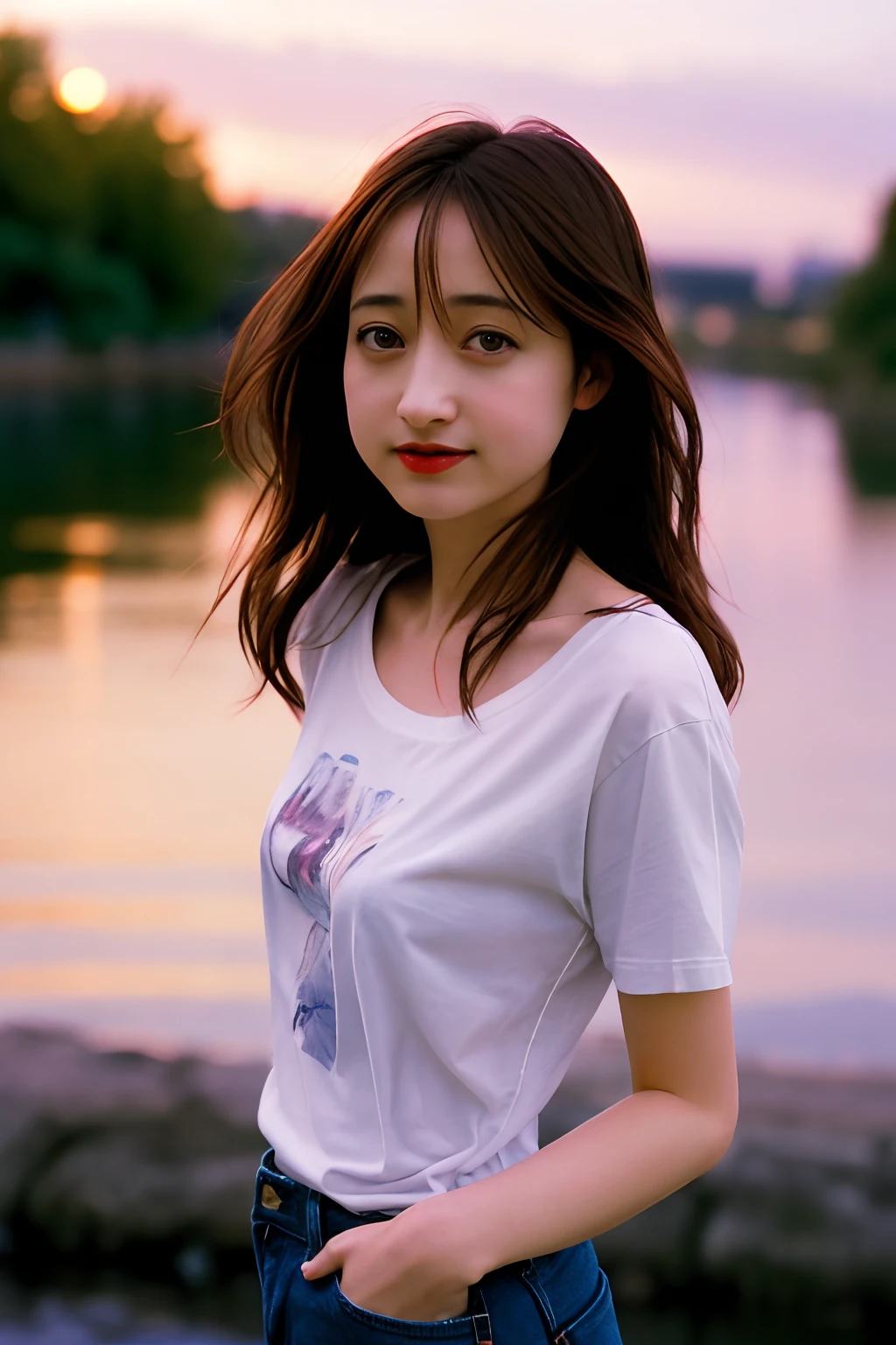 long hair very skinny , japanese, Caucasian Allison Mack , red lips , women , dark hair   , happy , blurry, soft skin, , expressive eyes , , ,    t-shirt,  jens pants , at   river sunset