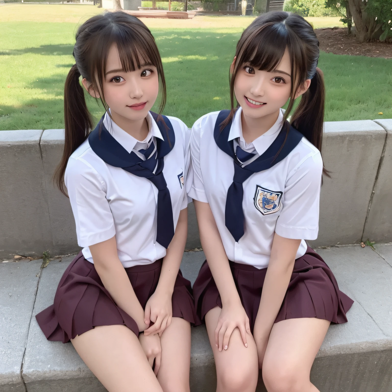 (2girl), (round eyes:1.2), (big smile), (school uniform, pleated skirt:1.3), summer, (Best Quality:1.4), (Ultra-detailed), (extremely detailed CG unified 8k wallpaper), Highly detailed, High-definition raw color photos, Professional Photography, Realistic portrait, (Surrounded by lots of cute fresh flowers:1.3), depth of fields, (fine face:1.2), 