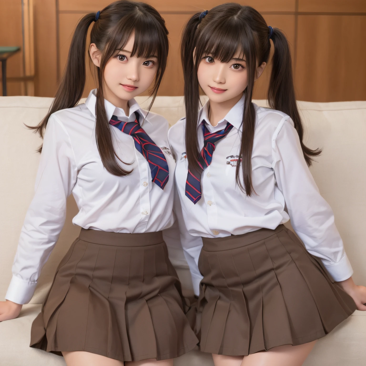 2 girls in classroom near window,white shirt with red bow tie,no panties,18-year-old,bangs,a little smile,thighs,knees,straight hair with barrette,from below,front-lighting